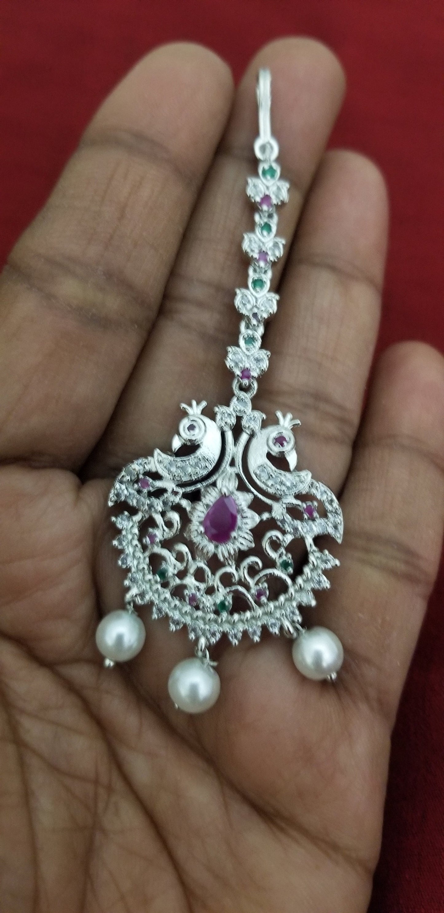 Peacock AD stone with Diamond finish Multi-color with Pearl hangings Tikka/Nethichutti -  MK Fashionkart - Indian Fashion Jewelry