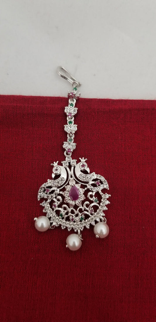 Peacock AD stone with Diamond finish Multi-color with Pearl hangings Tikka/Nethichutti -  MK Fashionkart - Indian Fashion Jewelry