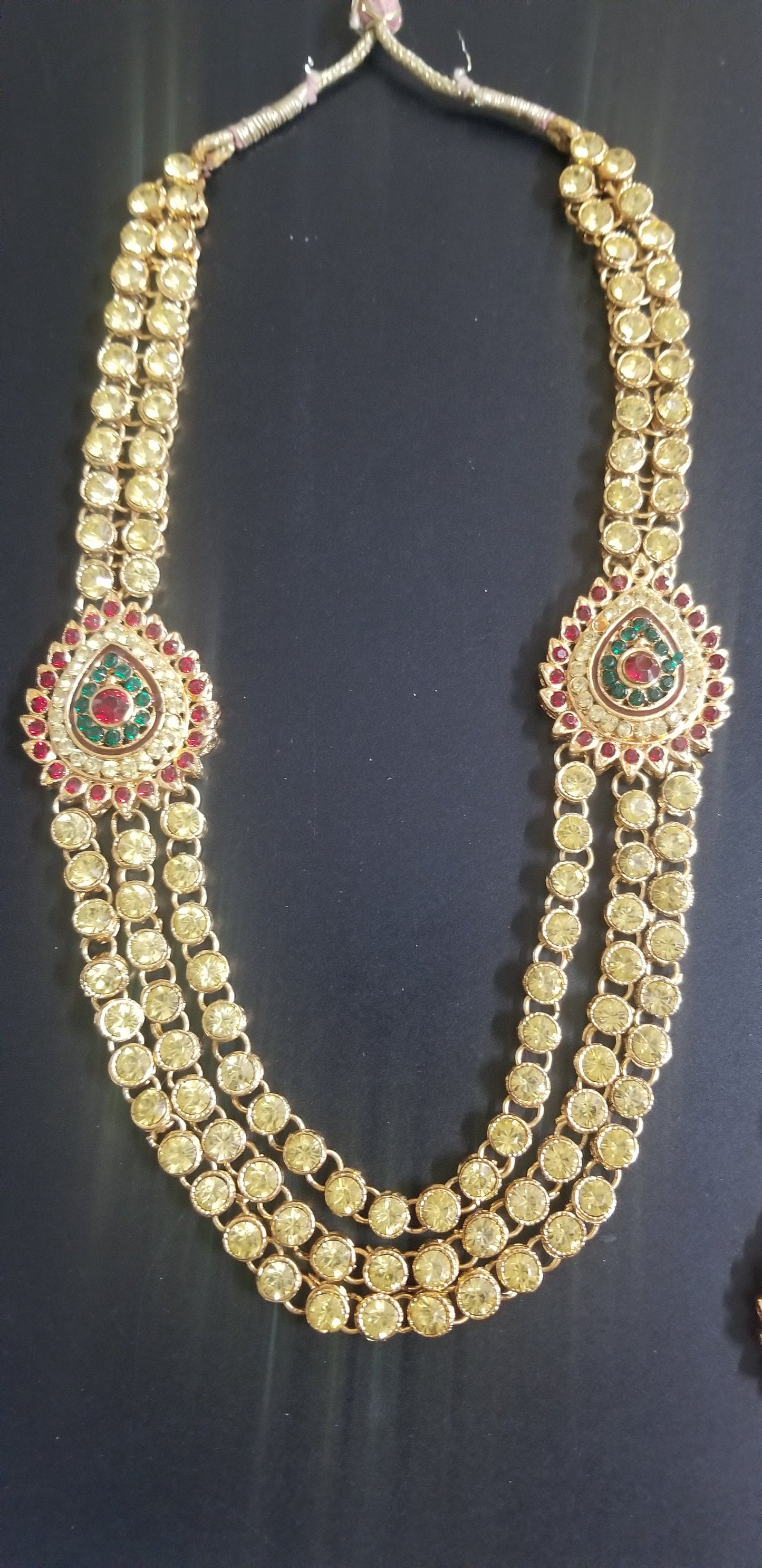 Gold Finish Yellow Stone three layer mogappu chain with matching big Earrings - MK Fashionkart - Fashion Jewelry