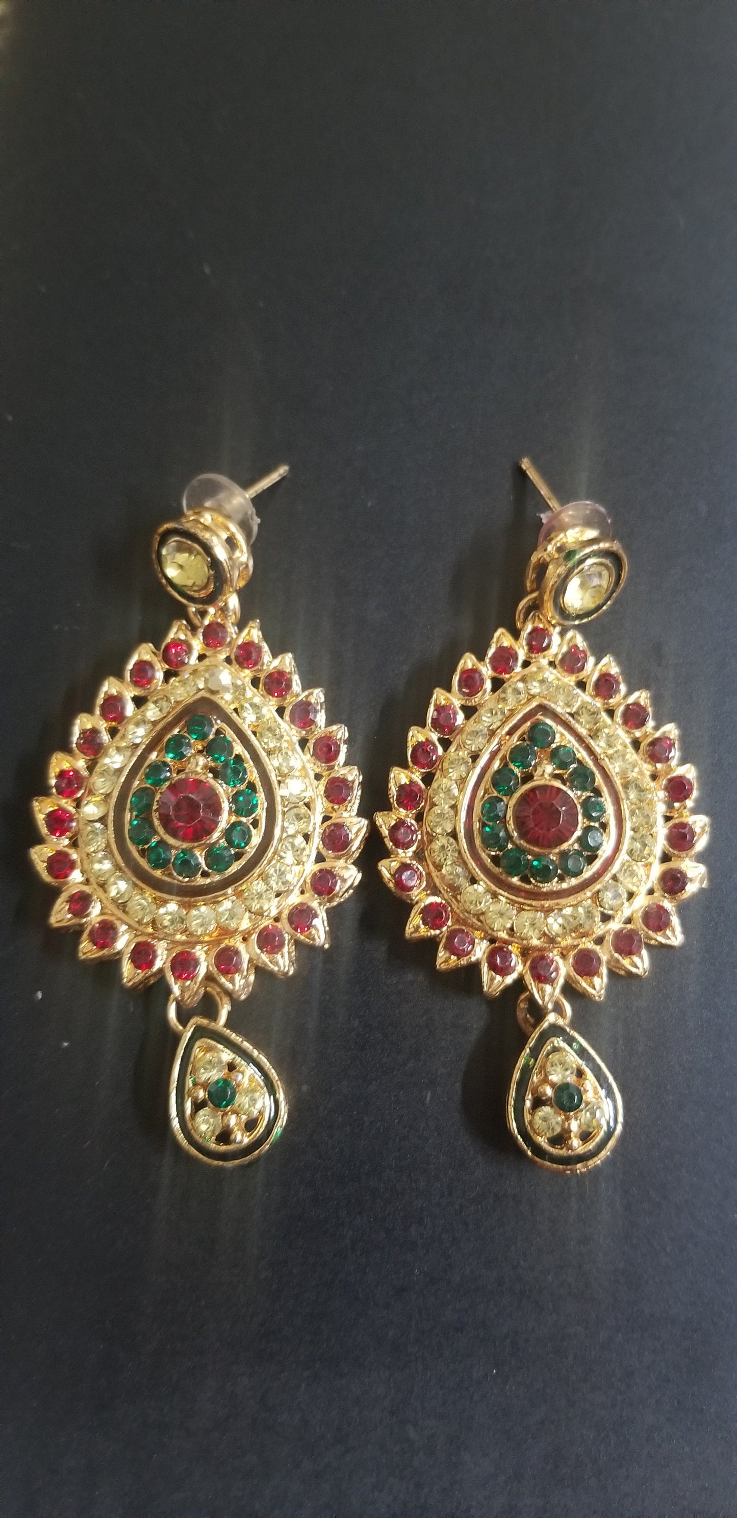 Gold Finish Yellow Stone three layer mogappu chain with matching big Earrings - MK Fashionkart - Fashion Jewelry