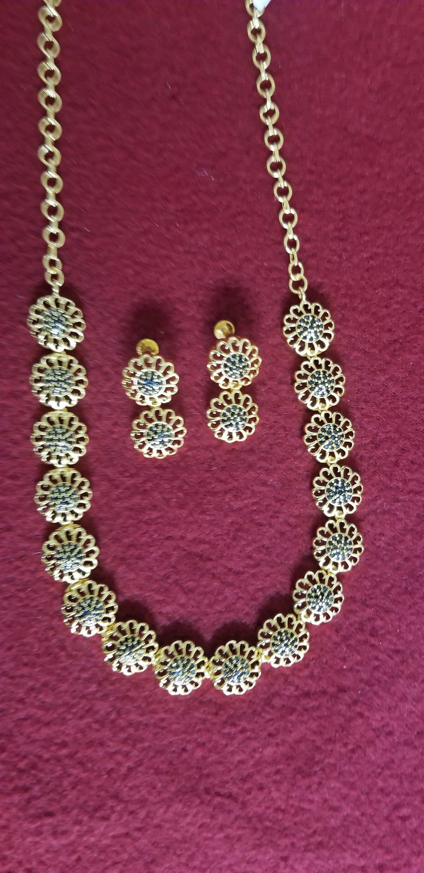Flower Type Gold Polish Black stone Necklace with matching Earrings - Flower type Necklace - MK Fashionkart