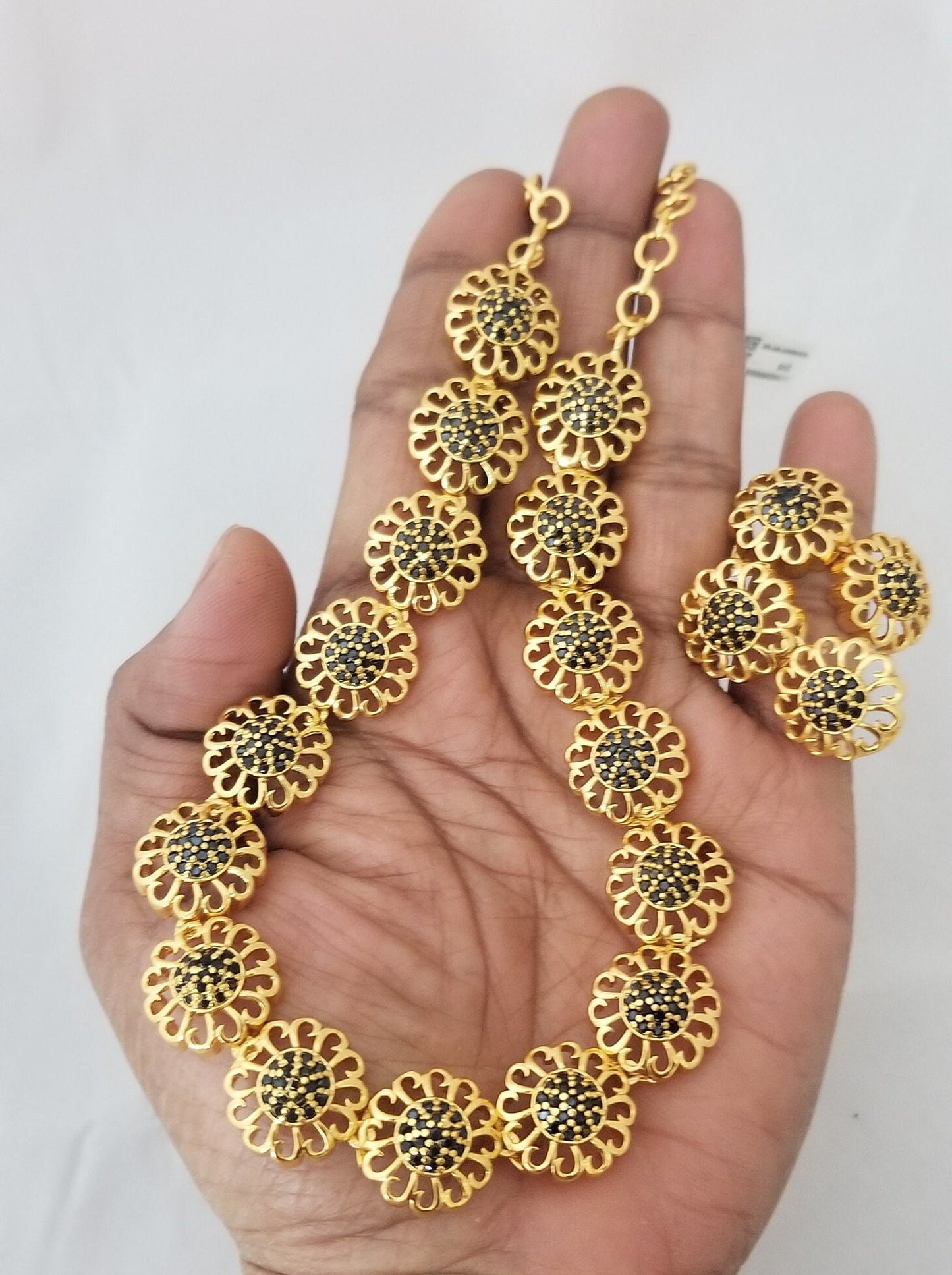 Flower Type Gold Polish Black stone Necklace with matching Earrings - Flower type Necklace - MK Fashionkart