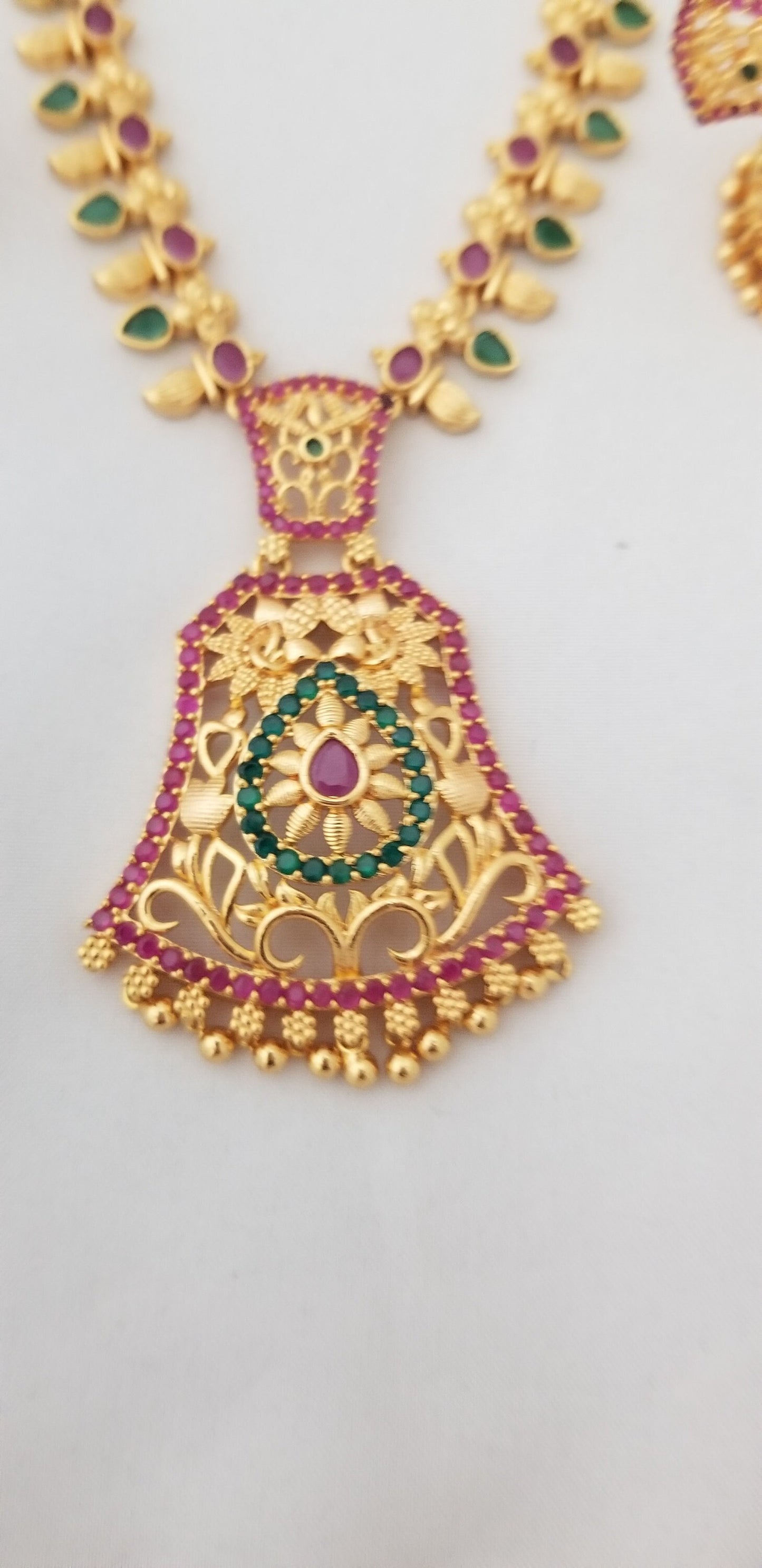 Gold Polish AD Multi-color Stone Necklace with matching Jhumka - Gold Jewelry Replica - Ethnic Jewelry - MK Fashionkart