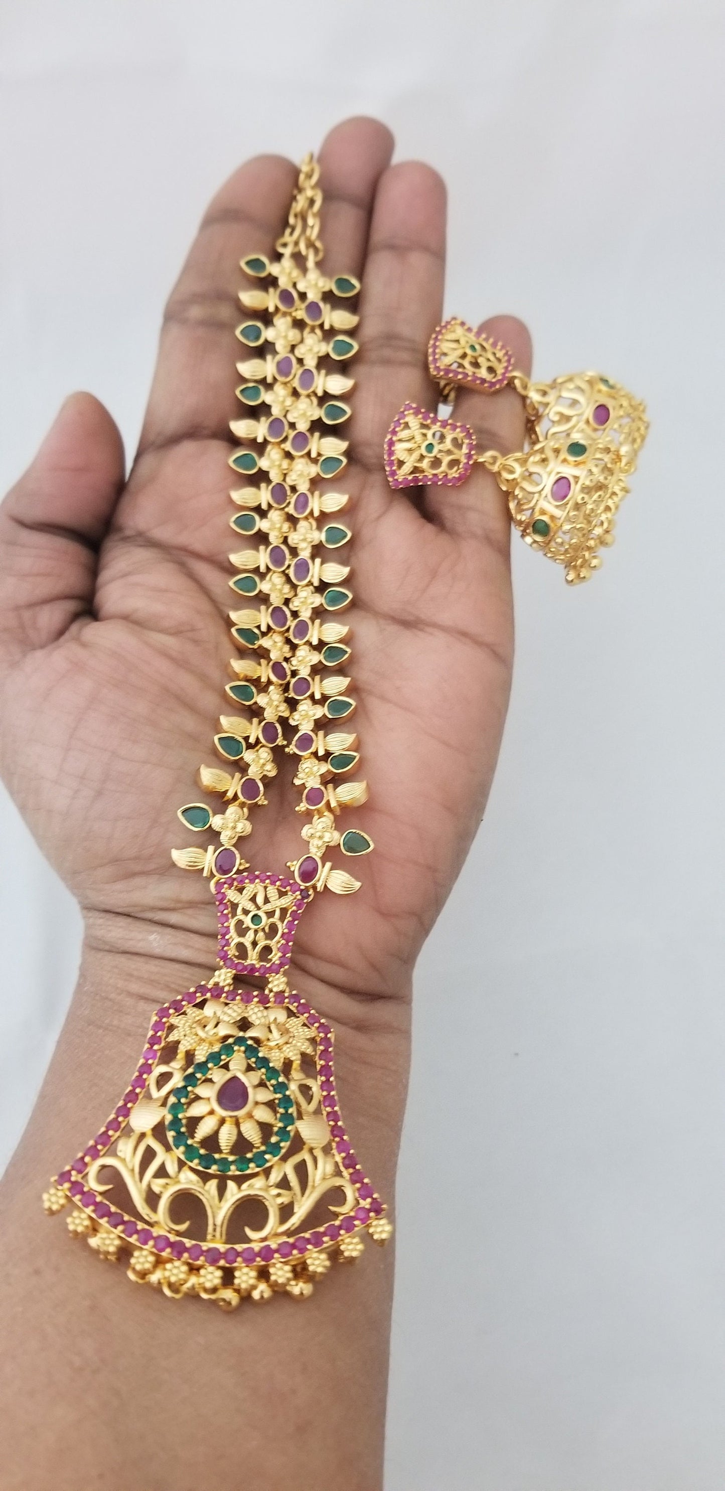 Gold Polish AD Multi-color Stone Necklace with matching Jhumka - Gold Jewelry Replica - Ethnic Jewelry - MK Fashionkart