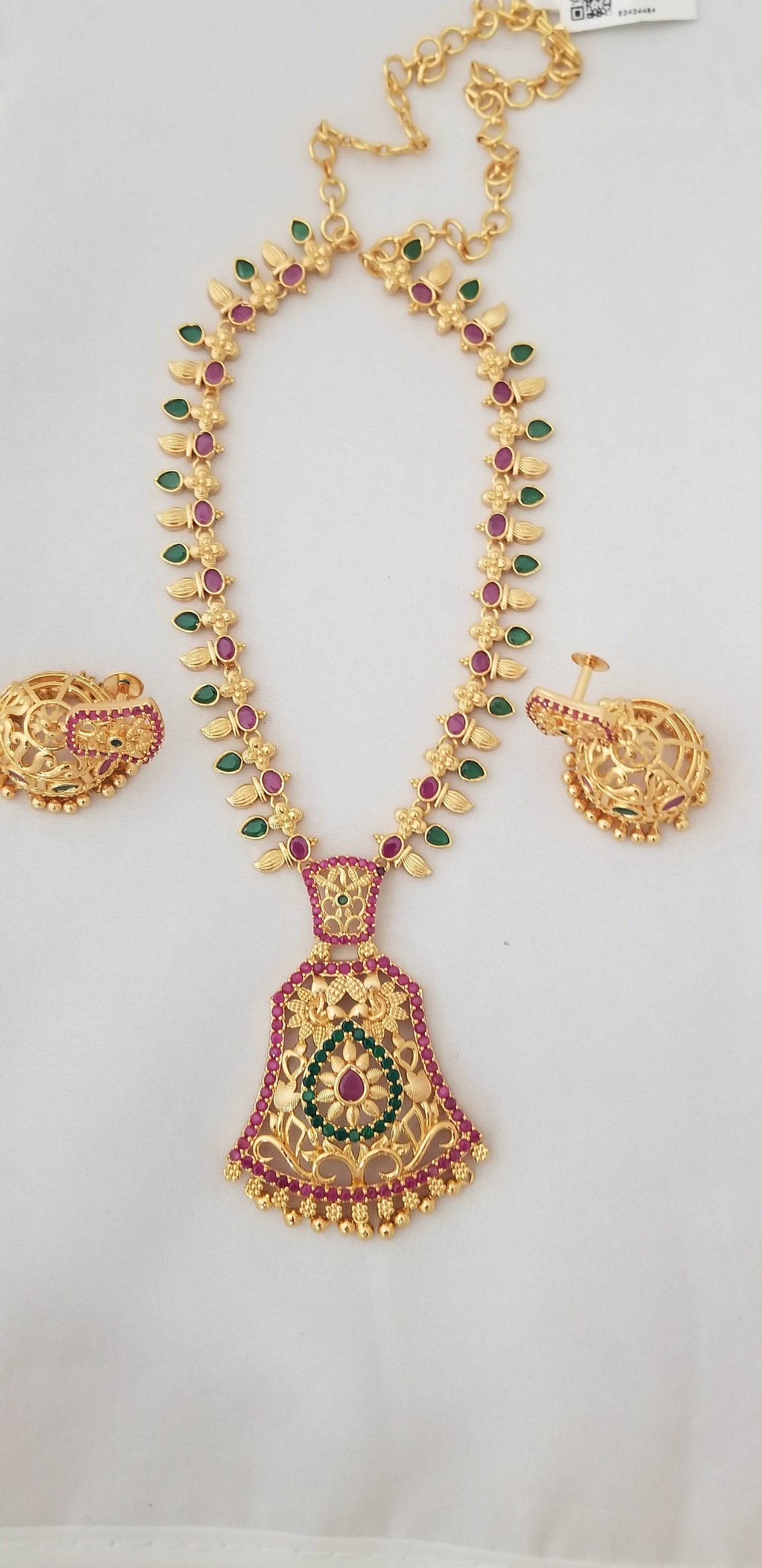 Gold Polish AD Multi-color Stone Necklace with matching Jhumka - Gold Jewelry Replica - Ethnic Jewelry - MK Fashionkart