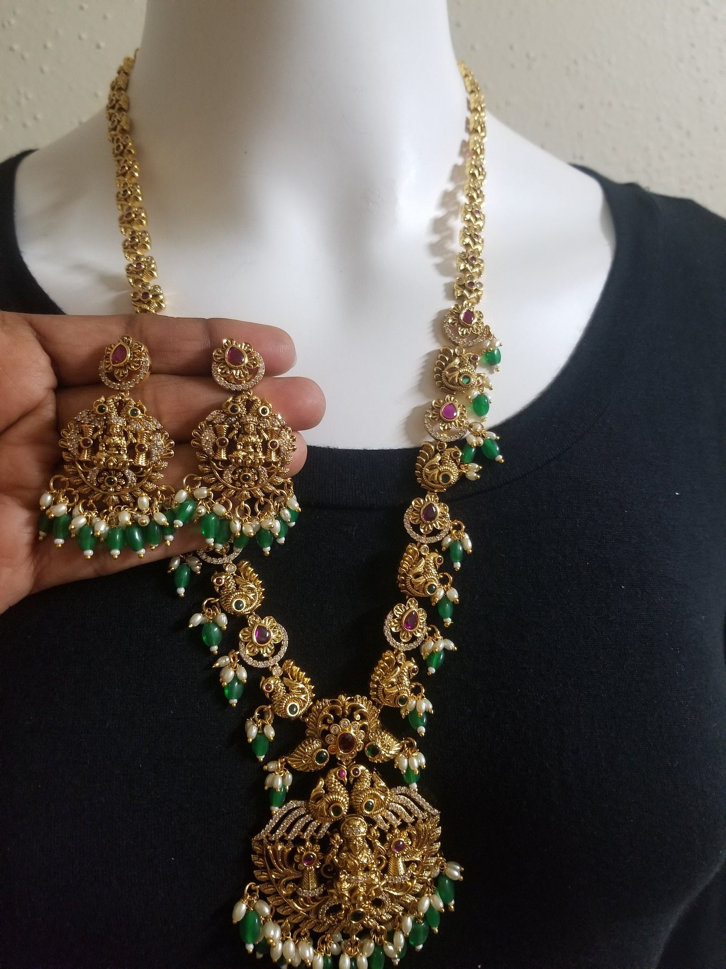 Lakshmi Peacock Premium quality Gold Jewelry Replica Haram with Precious green bead hangings with matching Earrings - MK Fashionkart