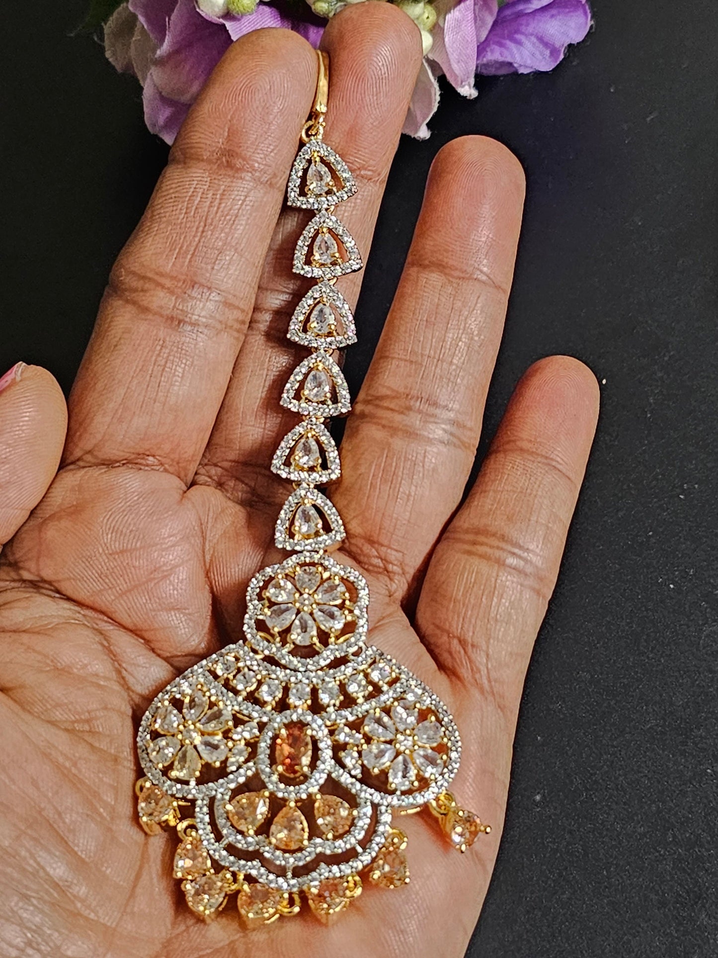 AD stone with Diamond finish with stone hangings Tikka/Nethichutti -  MK Fashionkart - Indian Fashion Jewelry