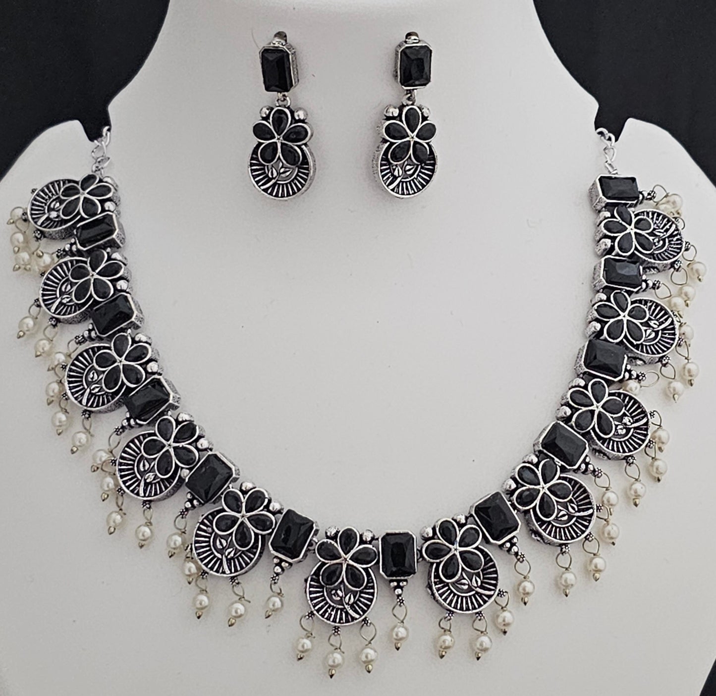 Premium quality partywear Oxidized silver Black Color stone Necklace with matching Earrings - MK Fashionkart - Fashion Jewelry