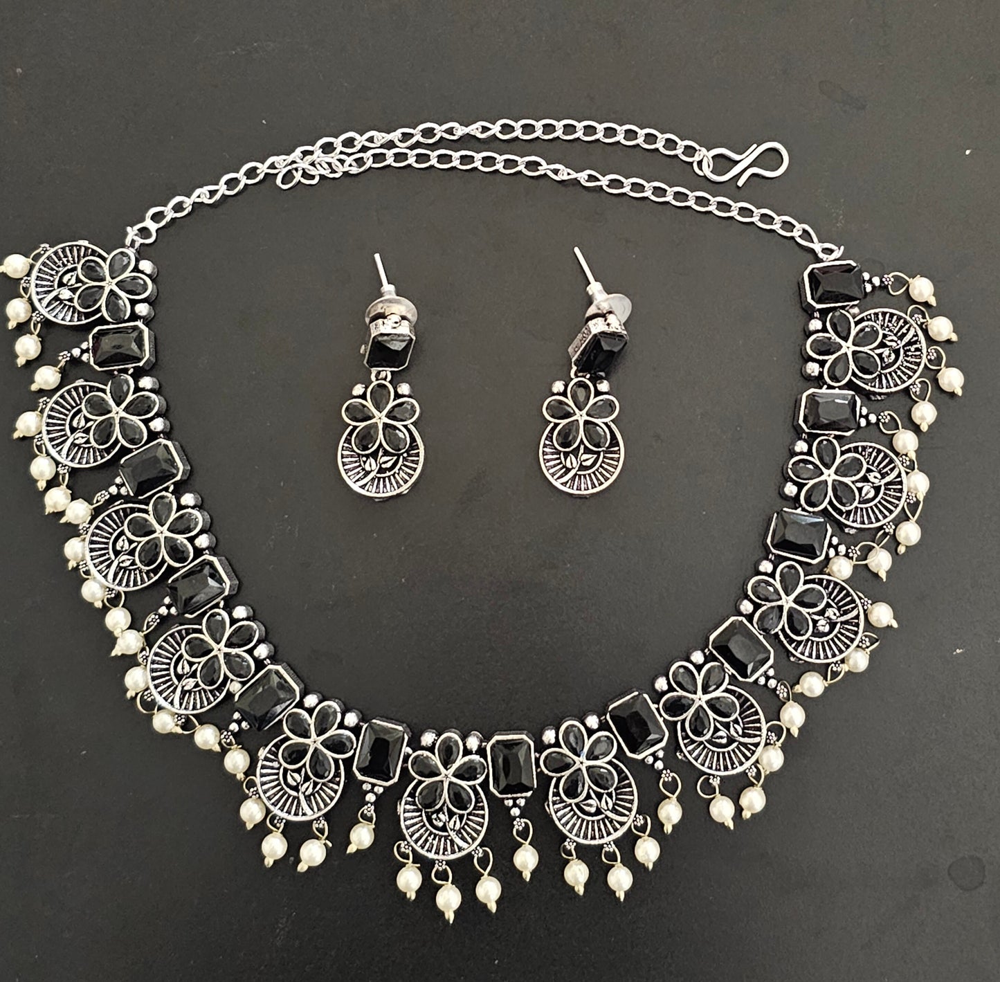 Premium quality partywear Oxidized silver Black Color stone Necklace with matching Earrings - MK Fashionkart - Fashion Jewelry