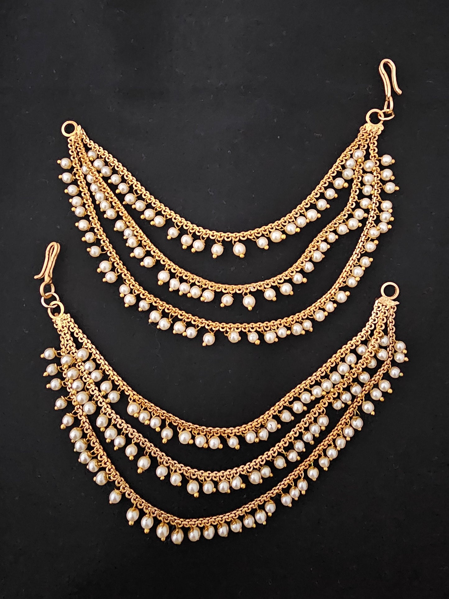Gold finish Jhumka Chain/Earring chain /Earring Mattal/Matti - Three layer pearl Mattal/Matti/Kaan chain - MK Fashionkart - Fashion Jewelry