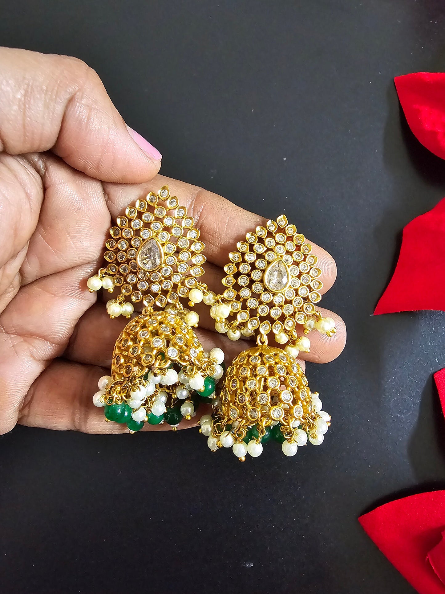 Premium Quality premium polish Antique matte finish Polki design Big Jhumka with precious bead hangings - MK Fashionkart - Fashion Jewelry