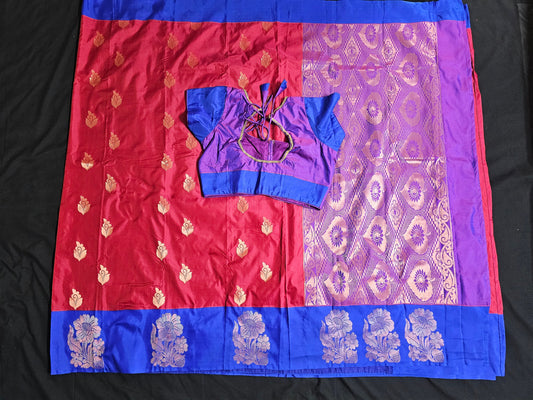 Silk saree with butta work embosed silk with fancy big border with stitched blouse - Blouse size 36 (Self alter Upto 40)
