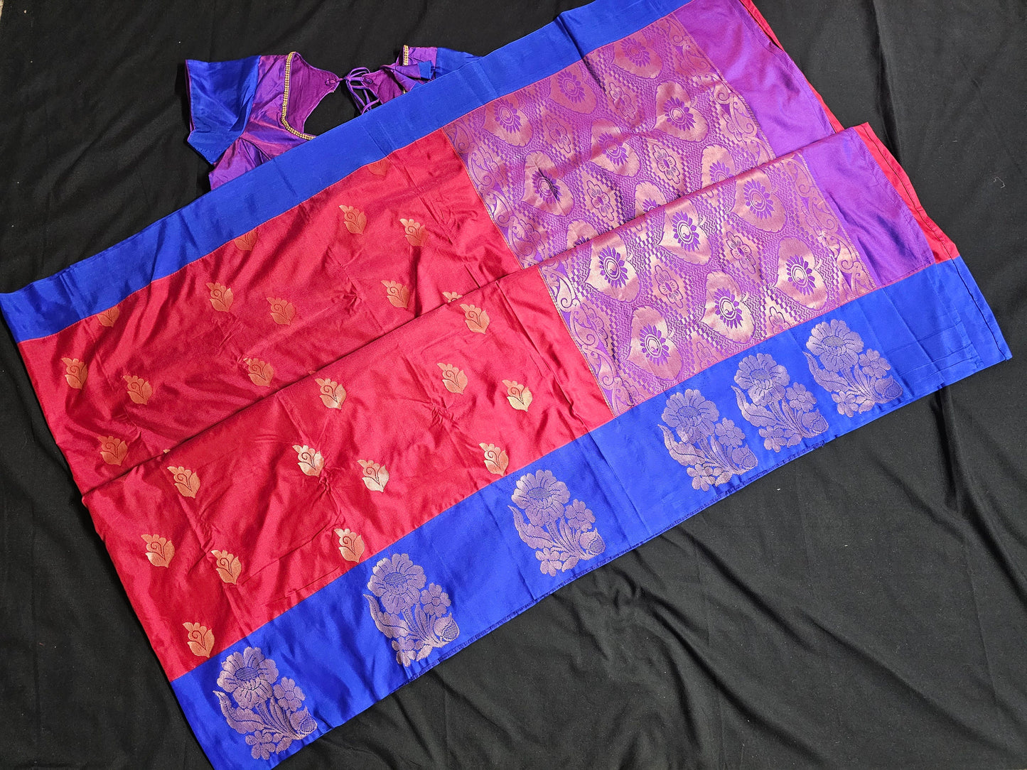 Silk saree with butta work embosed silk with fancy big border with stitched blouse - Blouse size 36 (Self alter Upto 40)