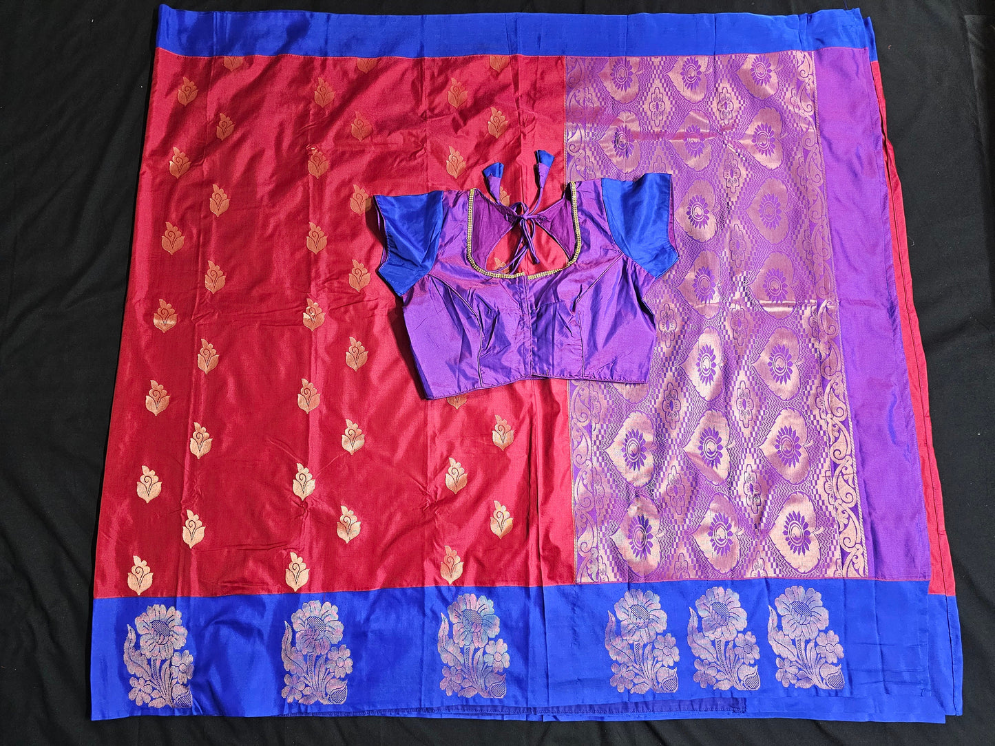 Silk saree with butta work embosed silk with fancy big border with stitched blouse - Blouse size 36 (Self alter Upto 40)