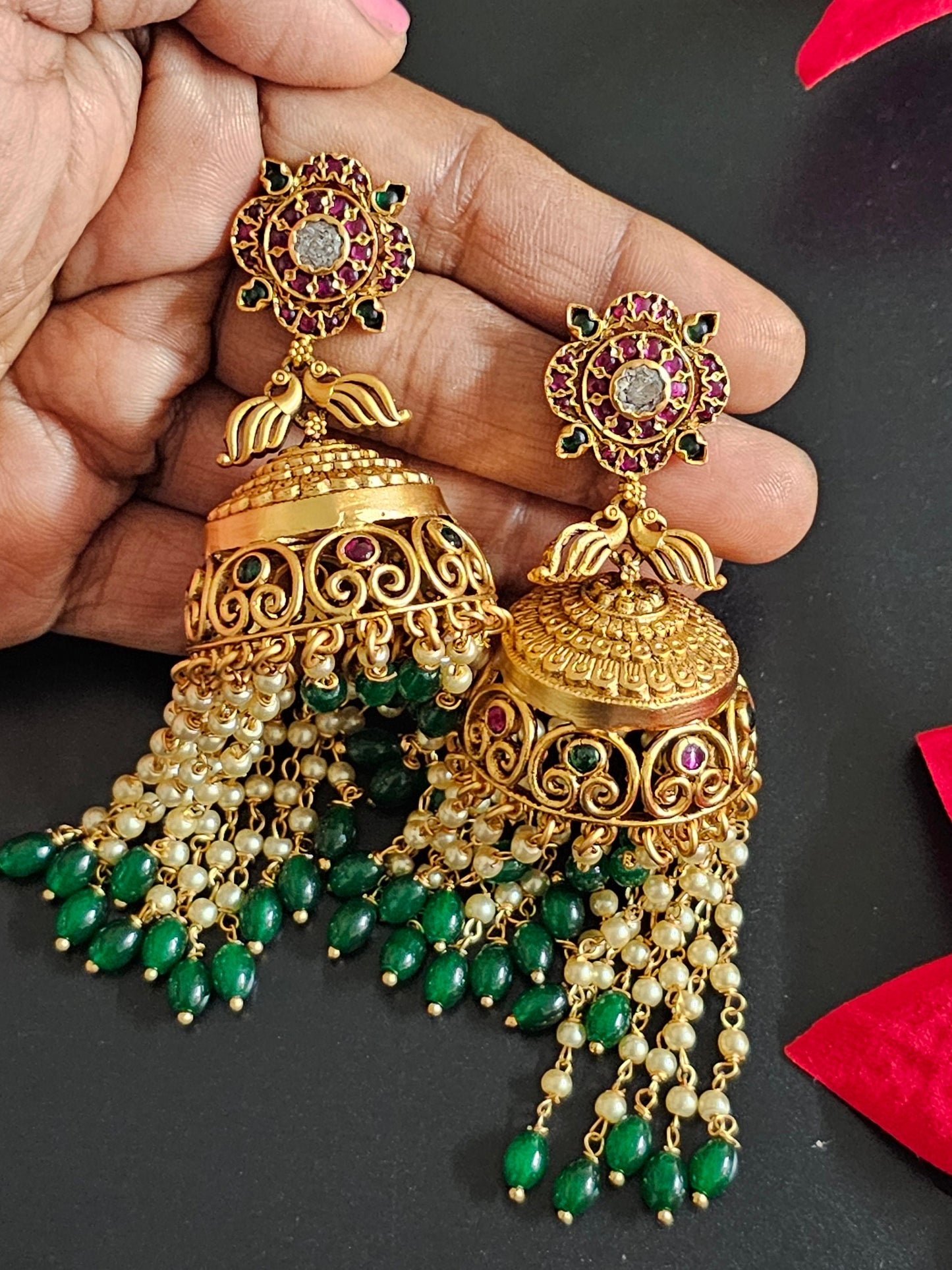 Premium Quality premium polish Antique matte finish Big Jhumka with precious bead and pearl hangings - MK Fashionkart - Fashion Jewelry