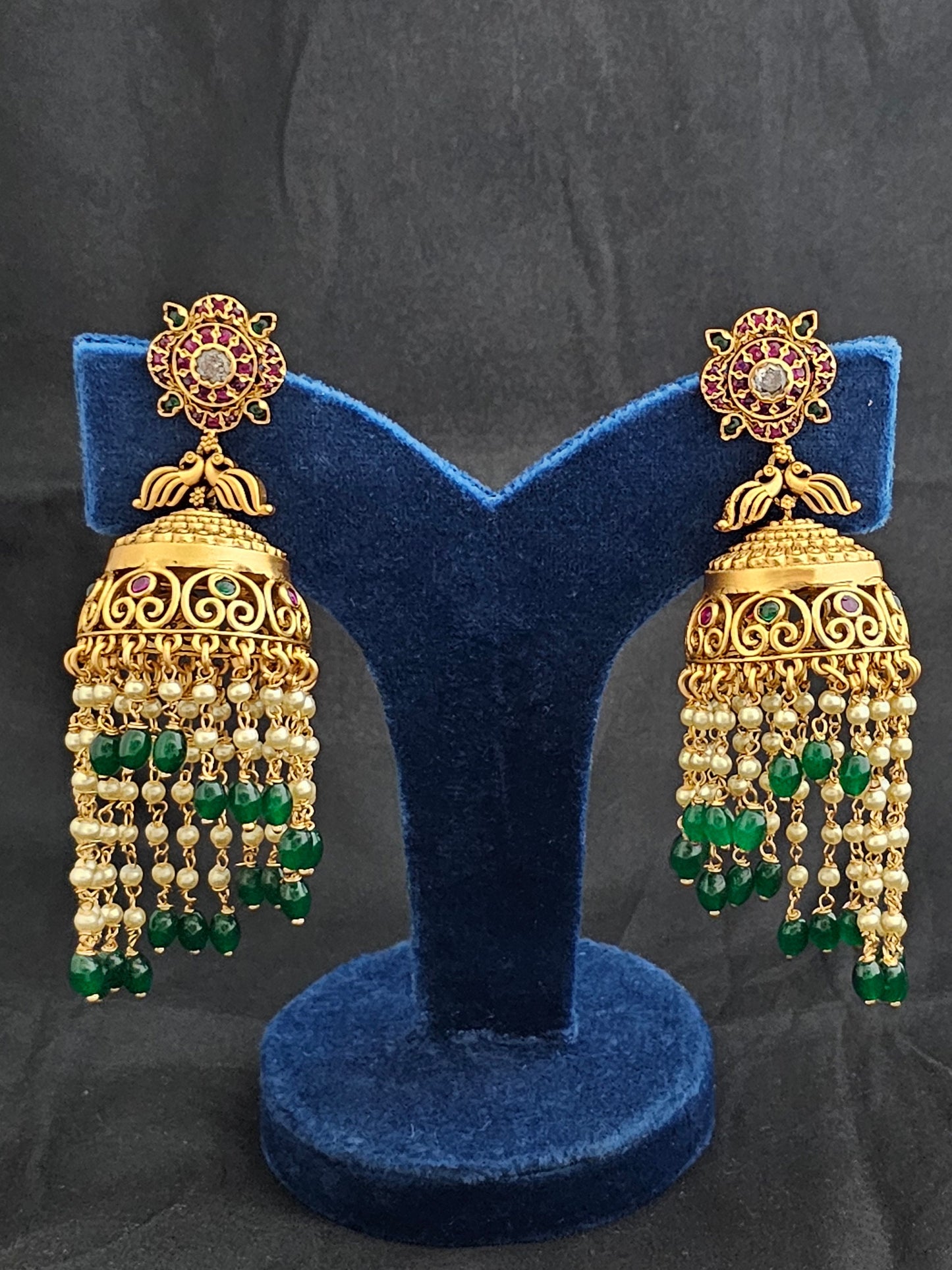 Premium Quality premium polish Antique matte finish Big Jhumka with precious bead and pearl hangings - MK Fashionkart - Fashion Jewelry