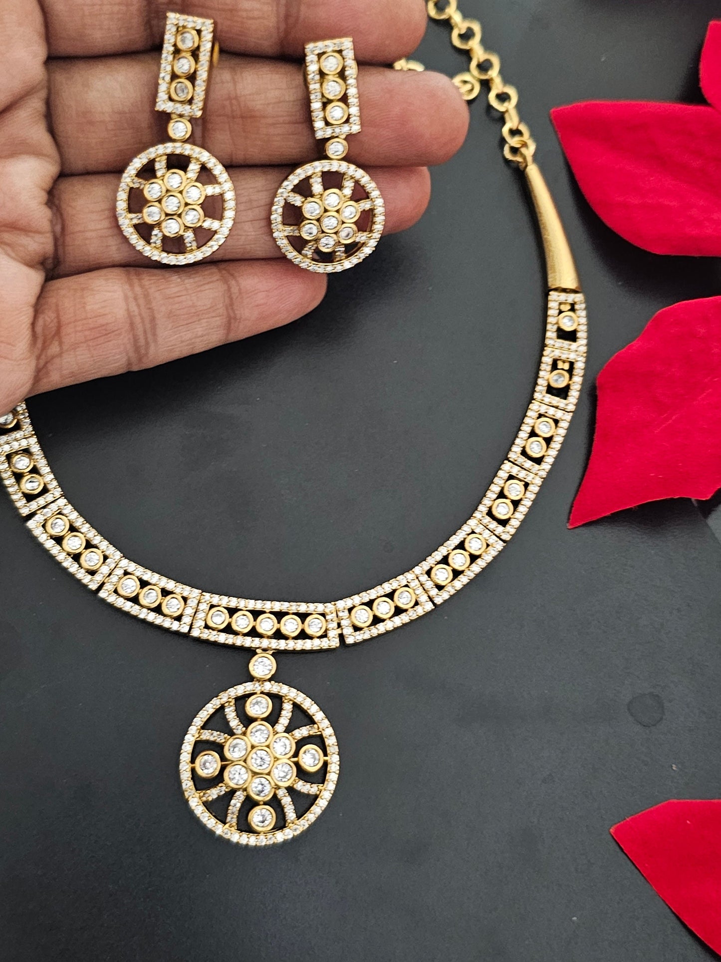 Flower type Premium Quality AD stone Matte finish Necklace w matching Earrings - Adult cum Teen Necklace - MK Fashionkart - Fashion Jewelry