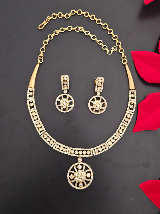 Flower type Premium Quality AD stone Matte finish Necklace w matching Earrings - Adult cum Teen Necklace - MK Fashionkart - Fashion Jewelry