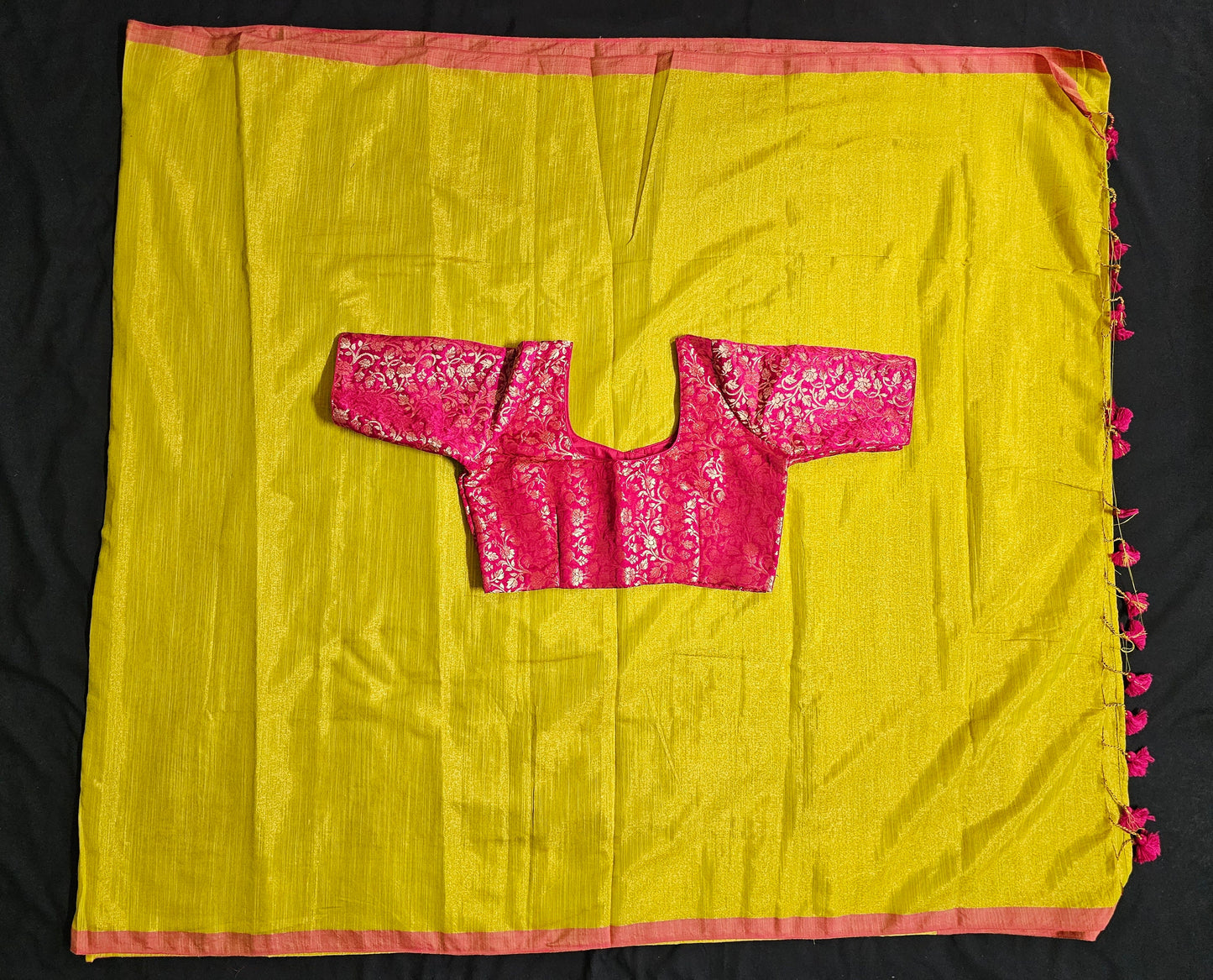 Azhagi Magil Tissue Linen Silk Lite green Saree with pink blouse- Saree  with stitched blouse - Blouse size 36 (Self alter Upto 38)