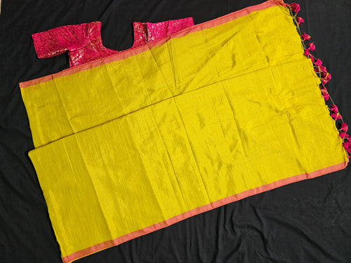 Azhagi Magil Tissue Linen Silk Lite green Saree with pink blouse- Saree  with stitched blouse - Blouse size 36 (Self alter Upto 38)