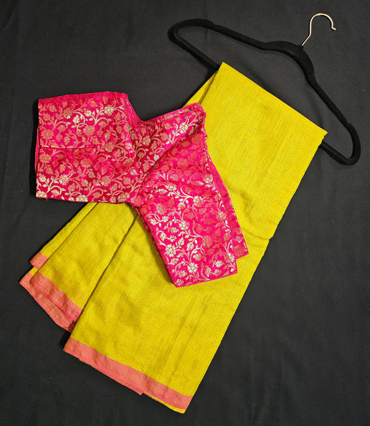 Azhagi Magil Tissue Linen Silk Lite green Saree with pink blouse- Saree  with stitched blouse - Blouse size 36 (Self alter Upto 38)