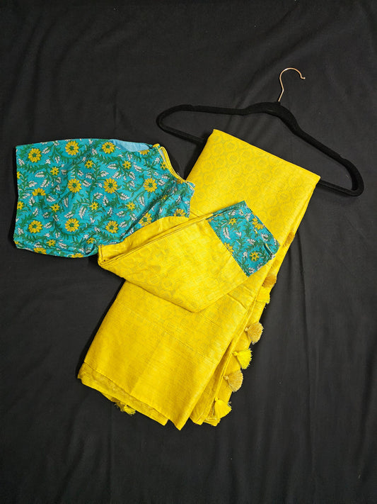Vogue Magil Brocade Linen Silk Yellow Saree with Blue Boutique blouse- Saree  with stitched blouse - Blouse size 40