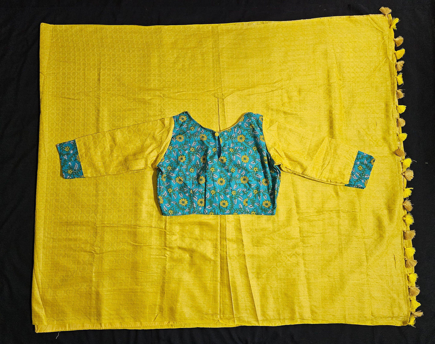 Vogue Magil Brocade Linen Silk Yellow Saree with Blue Boutique blouse- Saree  with stitched blouse - Blouse size 40