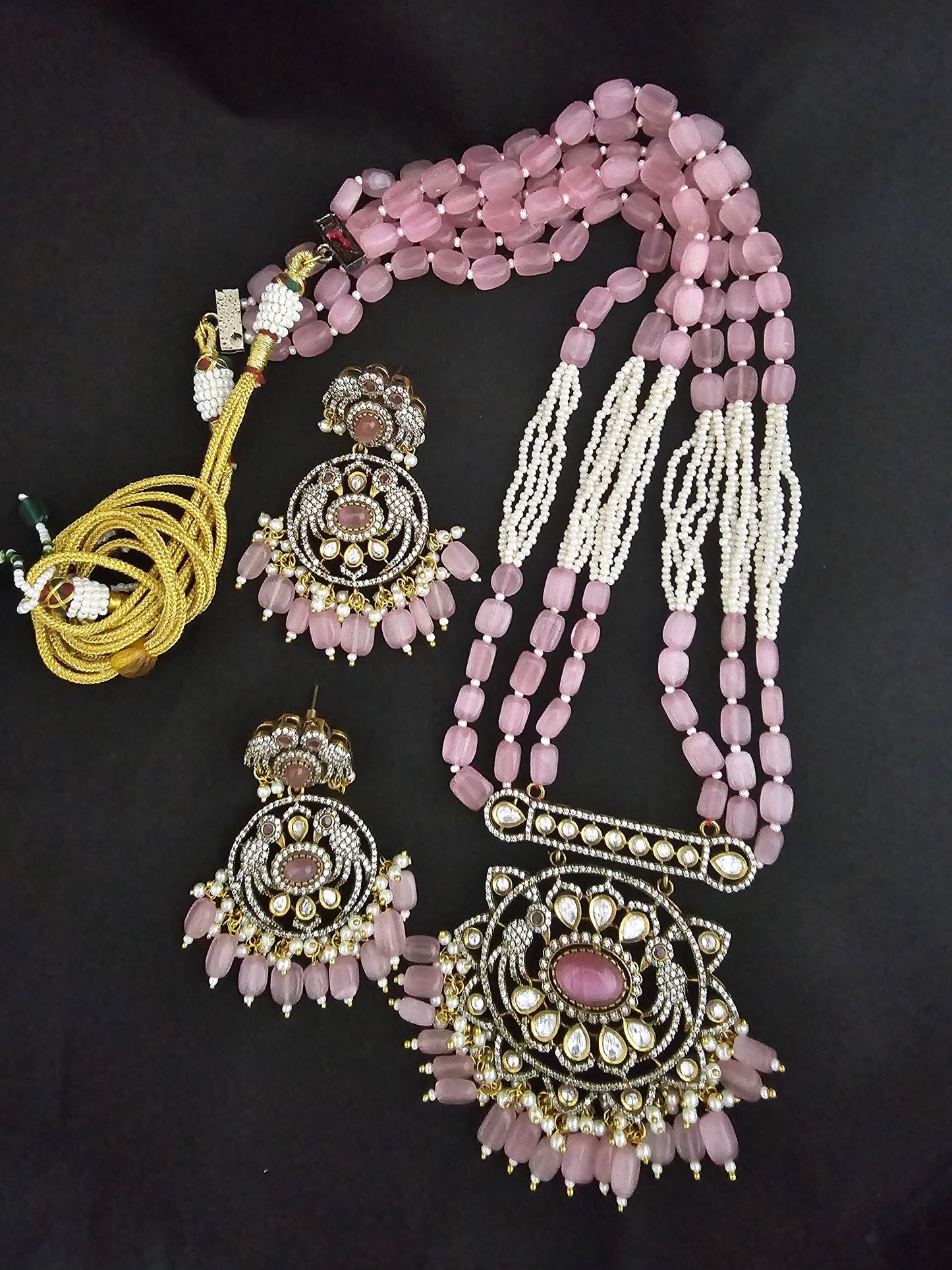 Premium high quality grand looking Victorian pendent with Monalisa bead long mala with Beautiful Victorian Earrings - MK Fashionkart
