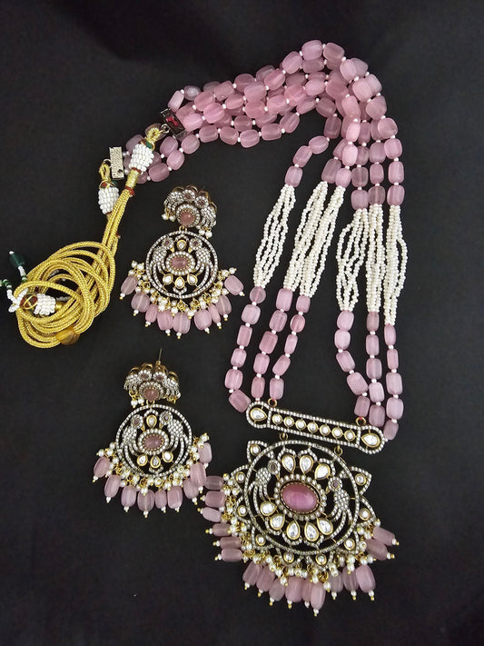 Premium high quality grand looking Victorian pendent with Monalisa bead long mala with Beautiful Victorian Earrings - MK Fashionkart