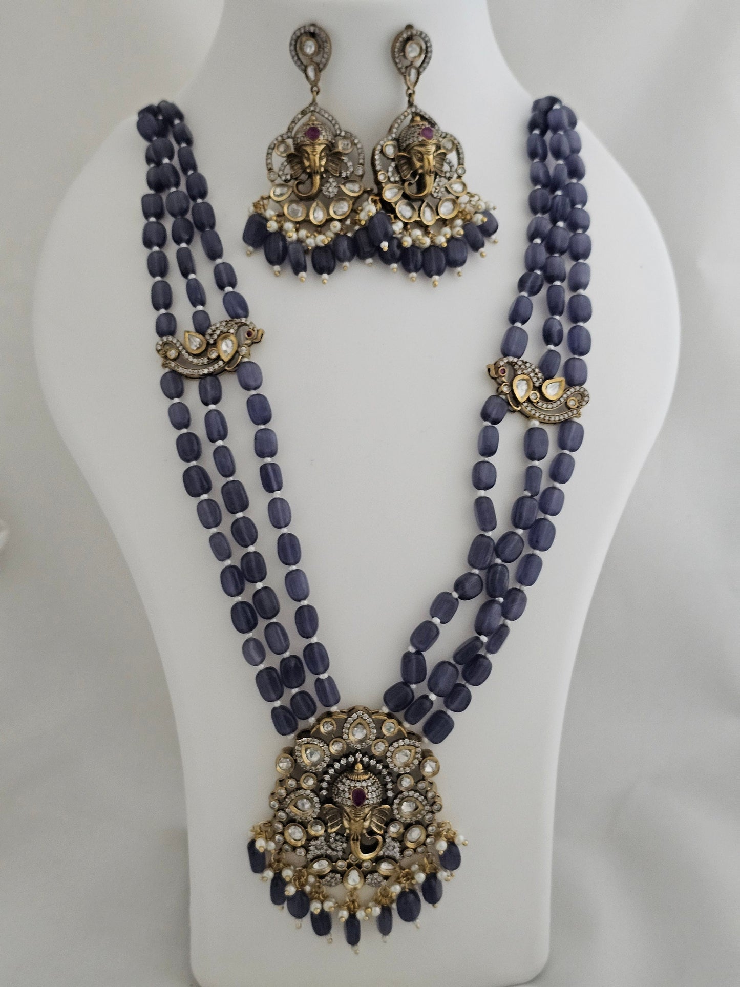 Ganesa Premium high quality grand looking Victorian pendent with strawberry bead long mala w Beautiful Victorian Earrings - MK Fashionkart