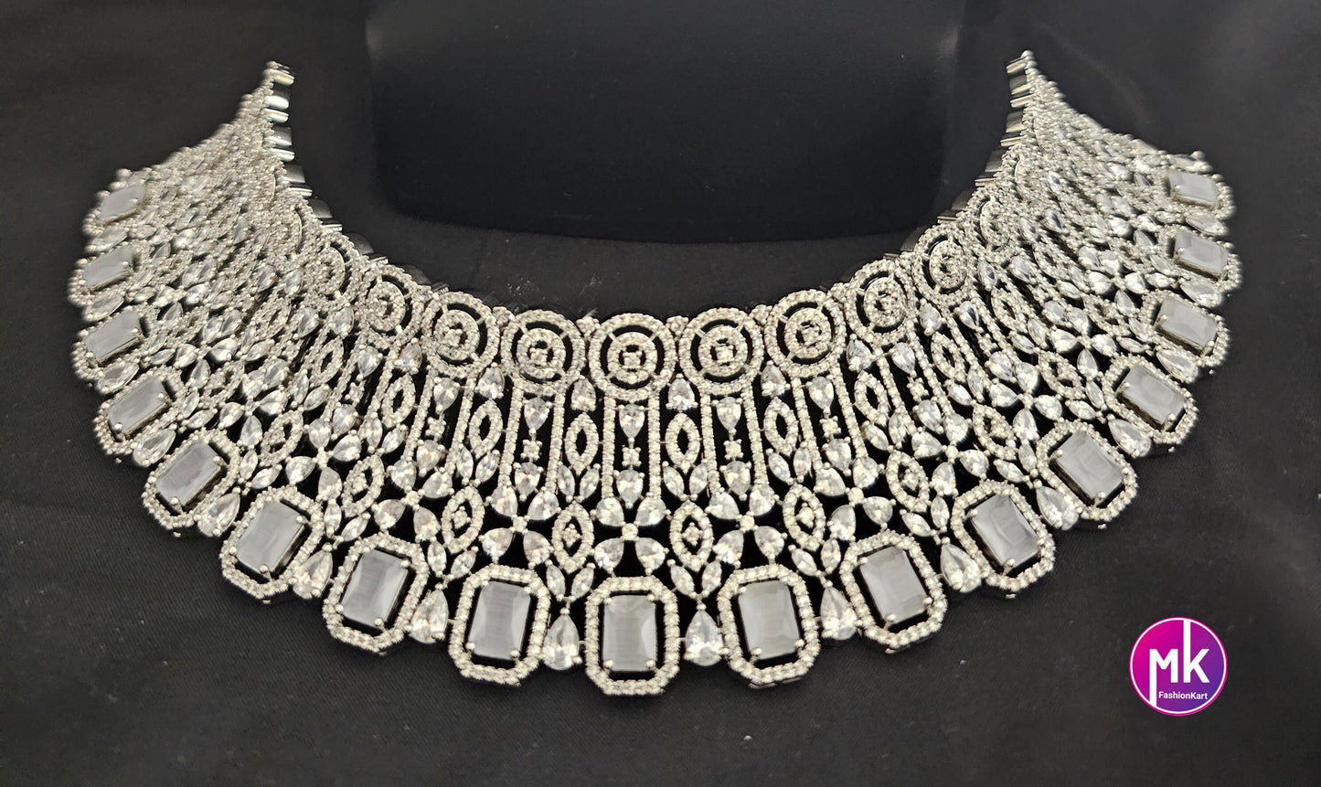 Gorgeous Silver Finish AD Stone Bridal Choker with matching long Earrings - Prom Necklace -  Diamond Jewelry Replica - MK Fashionkart