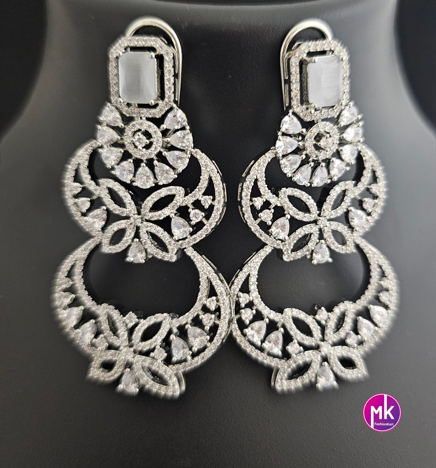 Gorgeous Silver Finish AD Stone Bridal Choker with matching long Earrings - Prom Necklace -  Diamond Jewelry Replica - MK Fashionkart