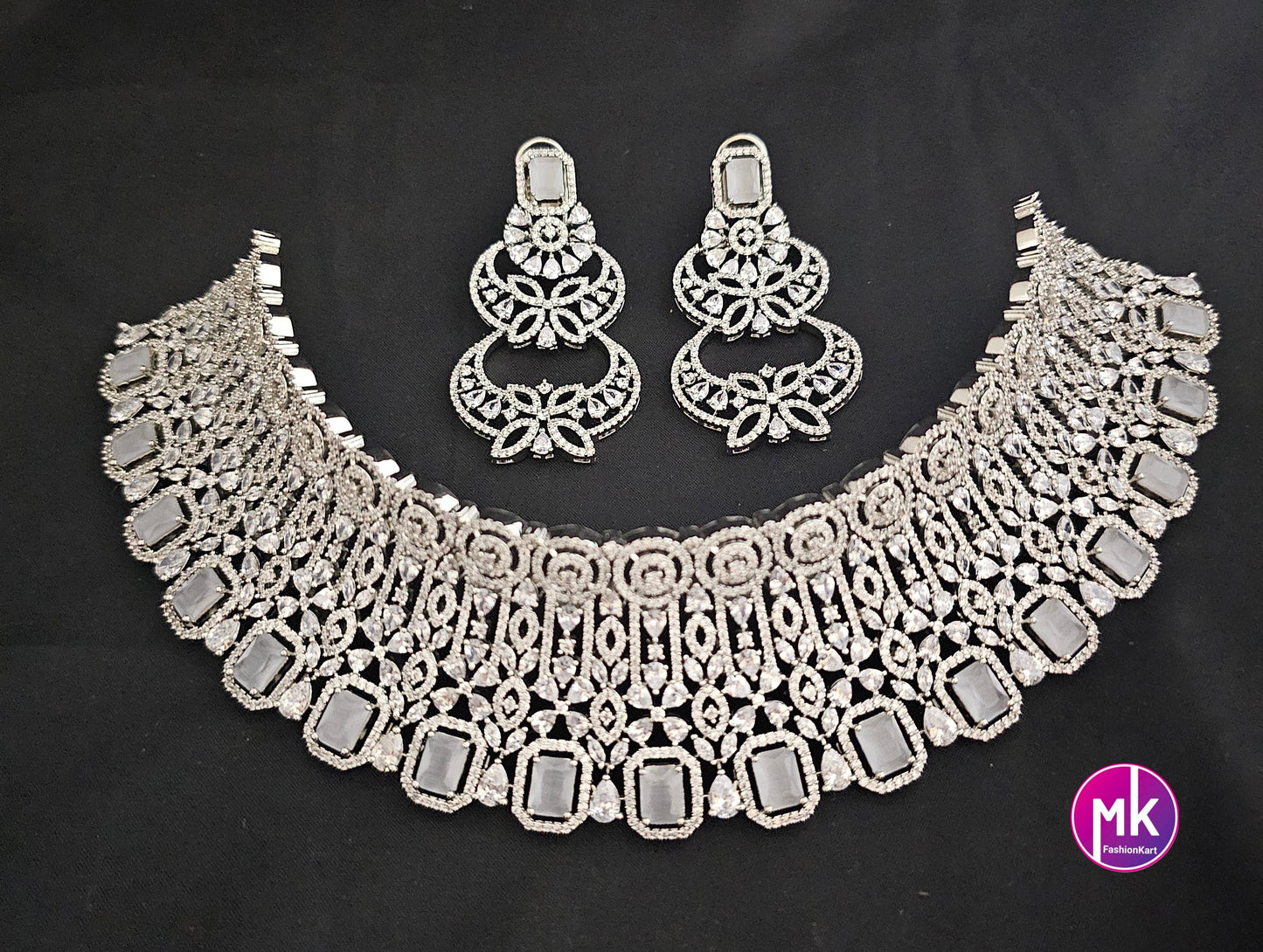 Gorgeous Silver Finish AD Stone Bridal Choker with matching long Earrings - Prom Necklace -  Diamond Jewelry Replica - MK Fashionkart