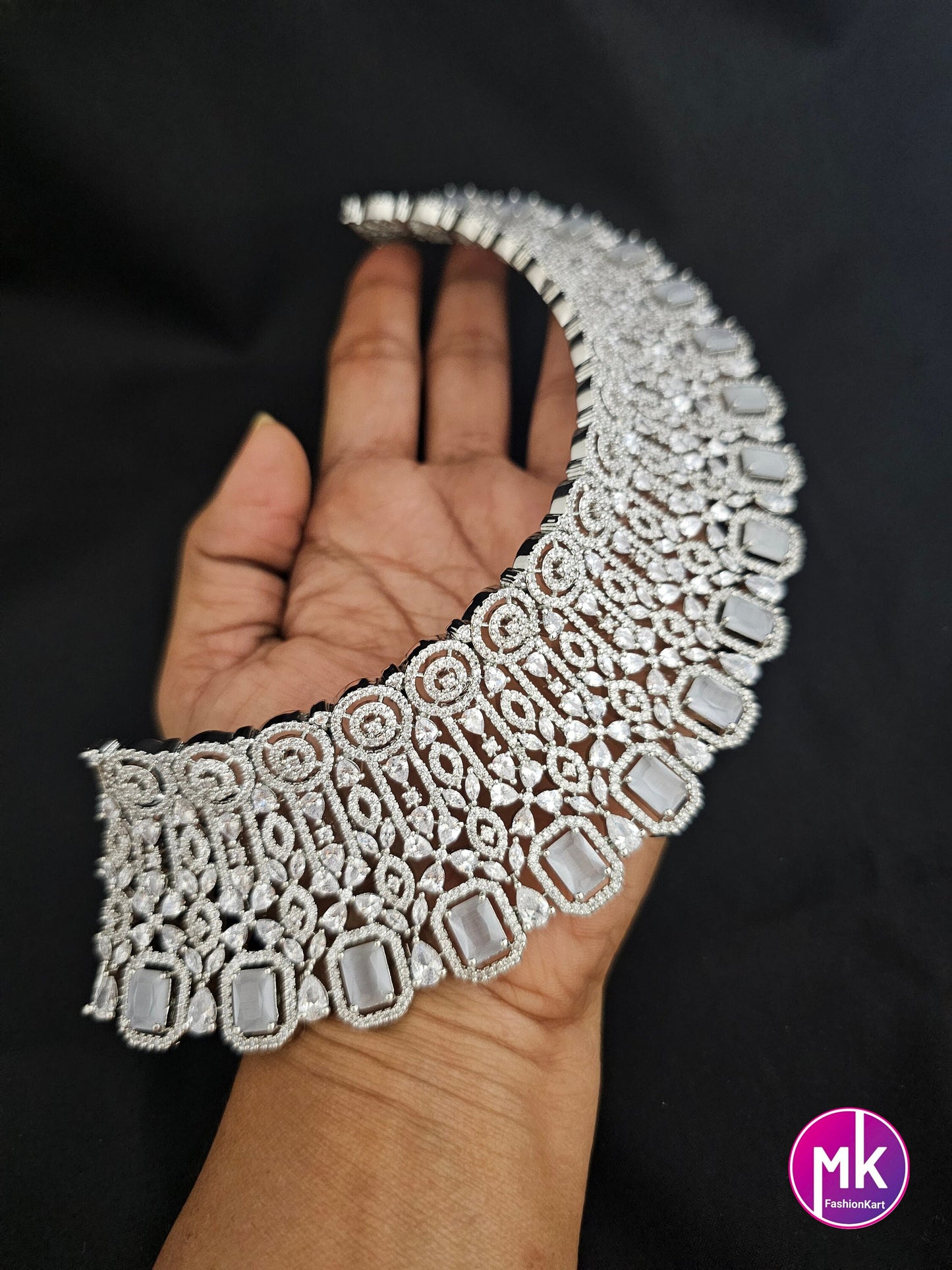 Gorgeous Silver Finish AD Stone Bridal Choker with matching long Earrings - Prom Necklace -  Diamond Jewelry Replica - MK Fashionkart