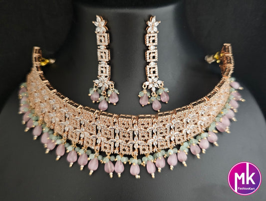 Rose gold Gorgeous AD Stone Bridal Choker w hanging precious bead and matching long Earrings - Bridal/Partywear choker -  Gold jewel Replica