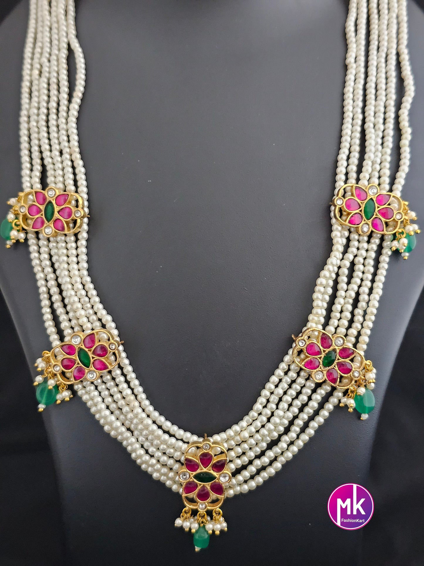 Jadau Kundan Flower Premium Quality Antique Finish Precious pearl Bridal mala set with Jadau Kundan Earrings -  MK Fashionkart
