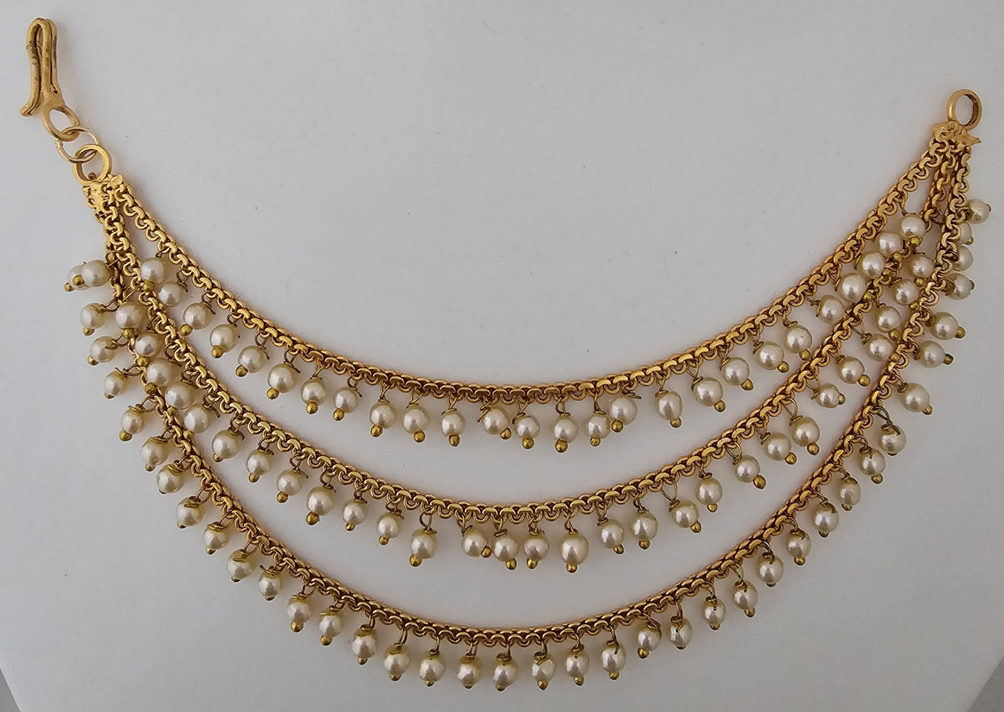 Gold finish Jhumka Chain/Earring chain /Earring Mattal/Matti - Three layer pearl Mattal/Matti/Kaan chain - MK Fashionkart - Fashion Jewelry