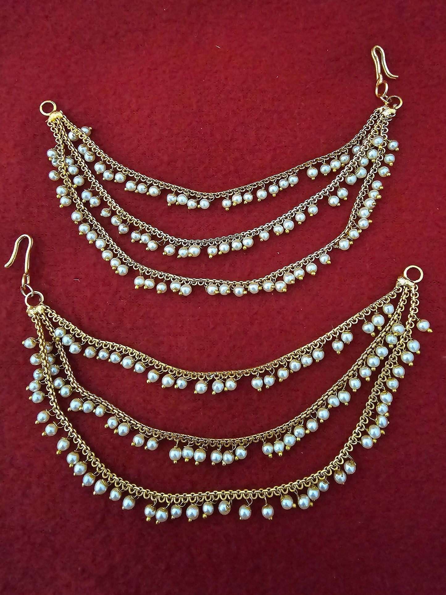 Gold finish Jhumka Chain/Earring chain /Earring Mattal/Matti - Three layer pearl Mattal/Matti/Kaan chain - MK Fashionkart - Fashion Jewelry