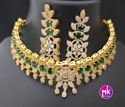 Premium Gold finish CZ/AD Stone Green Choker with matching long Earrings - Prom Choker -  Gold Jewelry Replica - MK Fashionkart