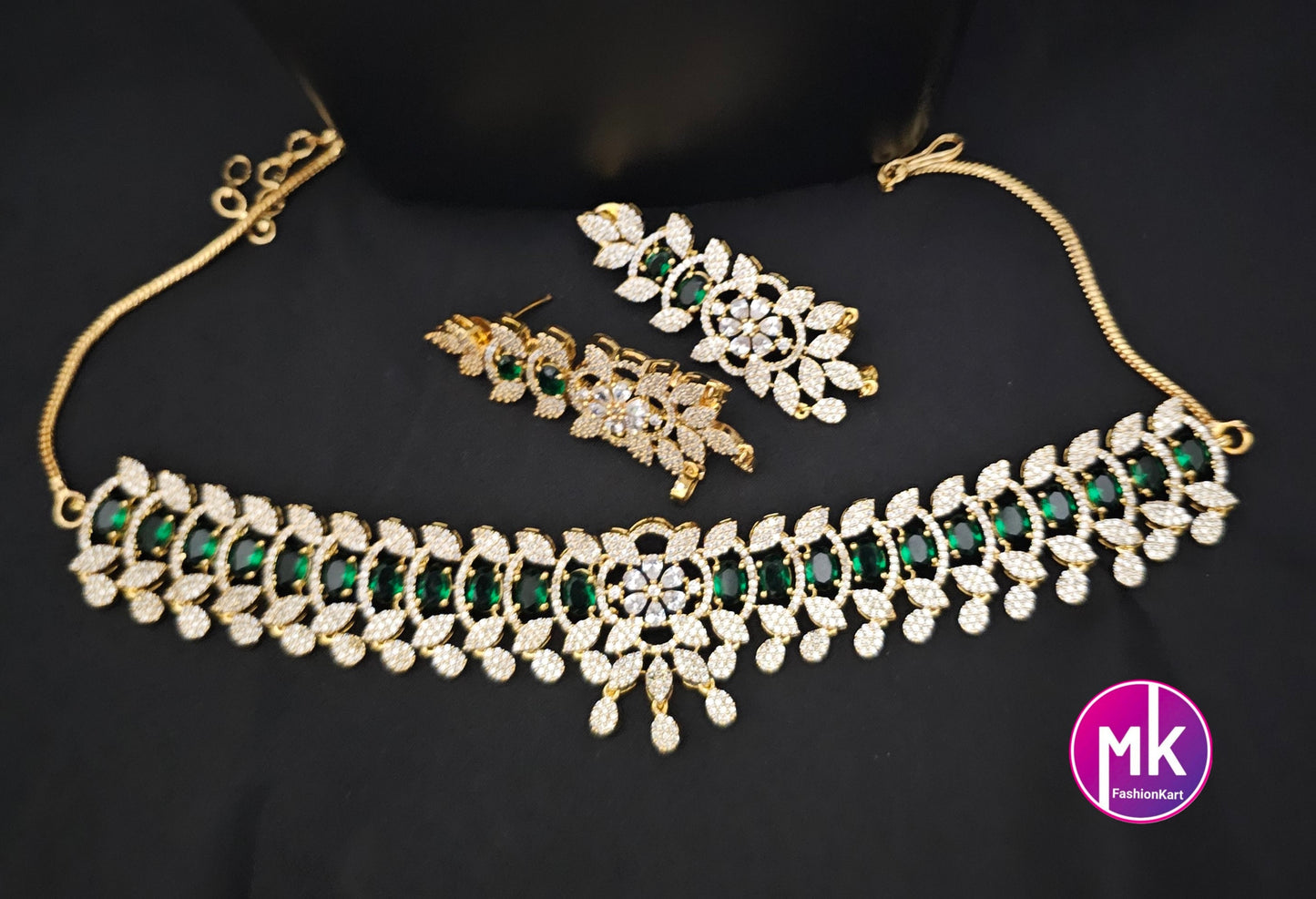 Premium Gold finish CZ/AD Stone Green Choker with matching long Earrings - Prom Choker -  Gold Jewelry Replica - MK Fashionkart