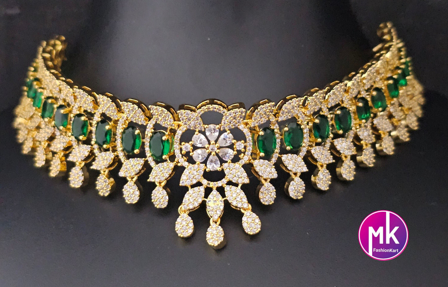 Premium Gold finish CZ/AD Stone Green Choker with matching long Earrings - Prom Choker -  Gold Jewelry Replica - MK Fashionkart