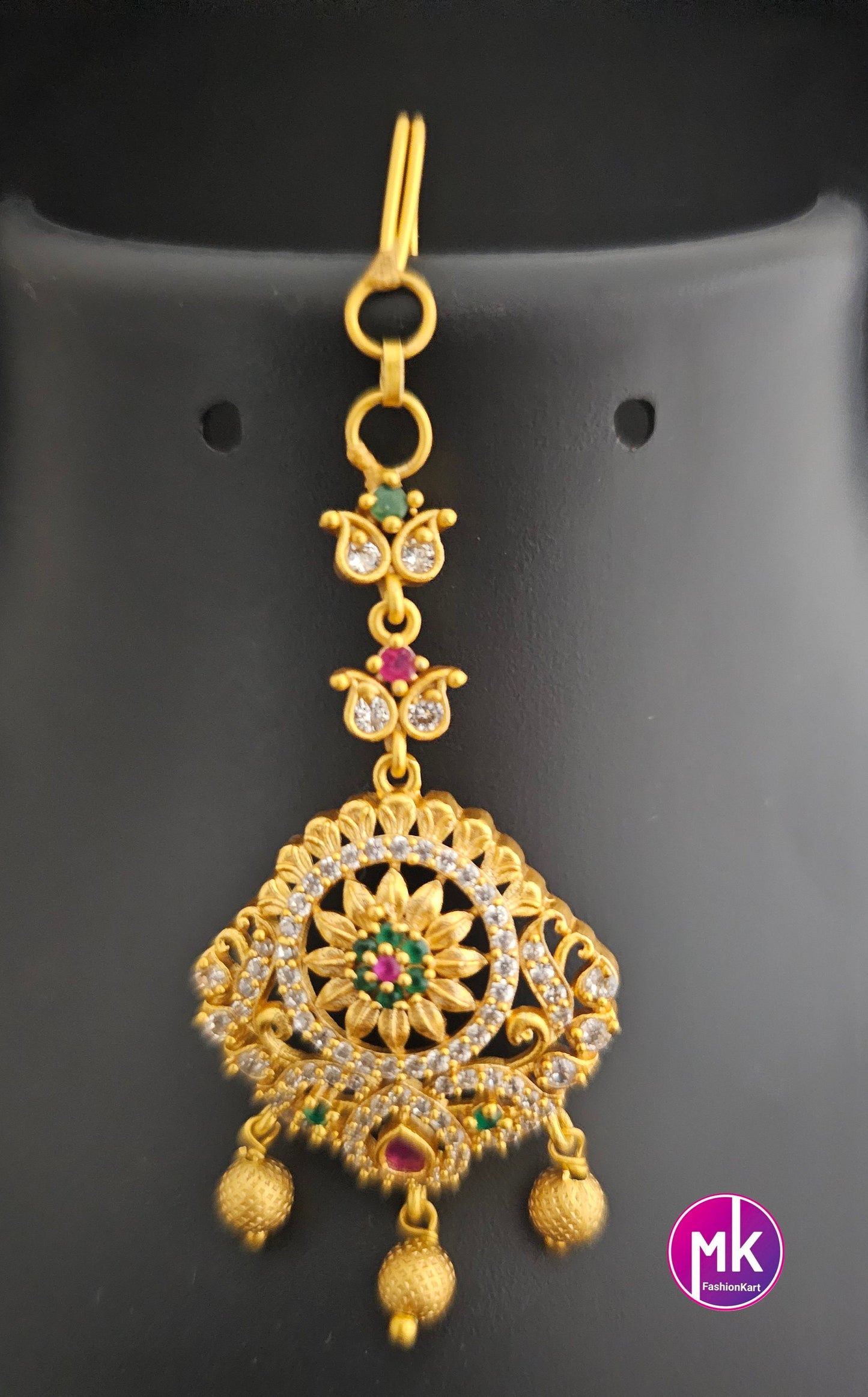 Flower design matte gold finish AD stone with gold ball hanging hangings Tikka/Nethichutti -  MK Fashionkart - Indian Fashion Jewelry