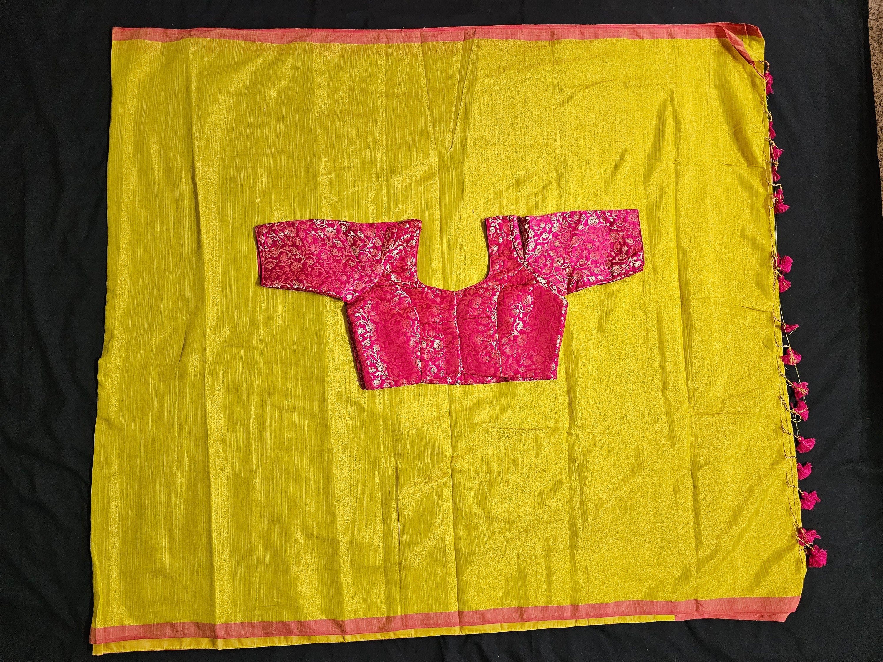 Azhagi Magil Tissue Linen Silk Lite green Saree with pink blouse- Saree  with stitched blouse - Blouse size 36 (Self alter Upto 38)