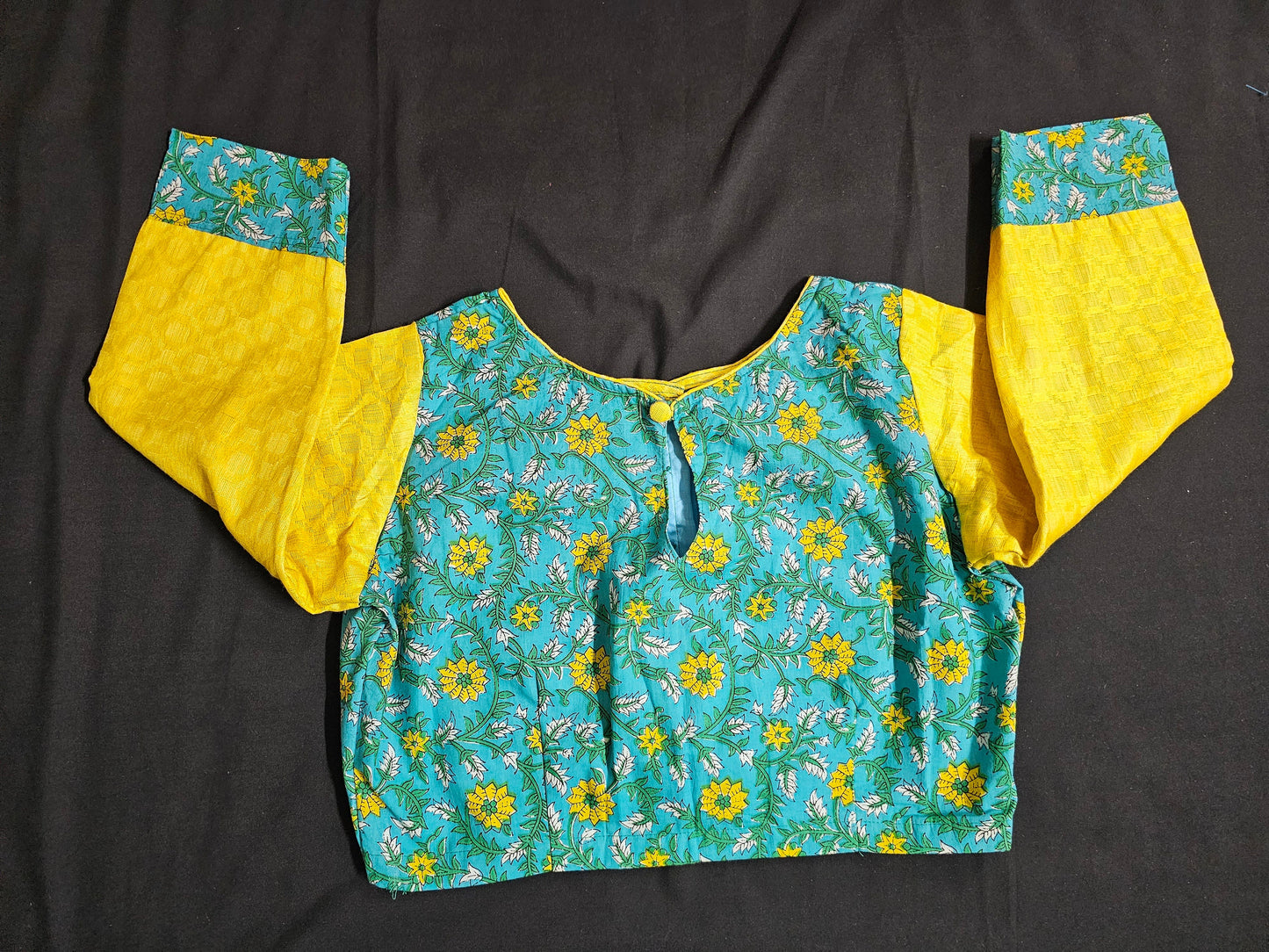 Vogue Magil Brocade Linen Silk Yellow Saree with Blue Boutique blouse- Saree  with stitched blouse - Blouse size 40