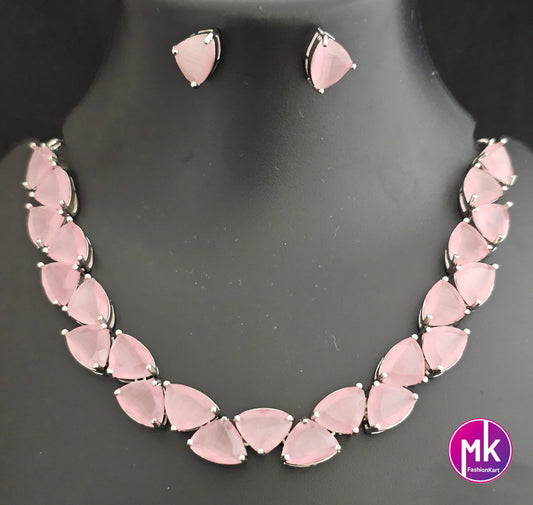 American Diamond Silver Finish AD Stone Baby pink Necklace with Earrings - Adult cum Teen Necklace -  Diamond Replica - MK Fashionkart