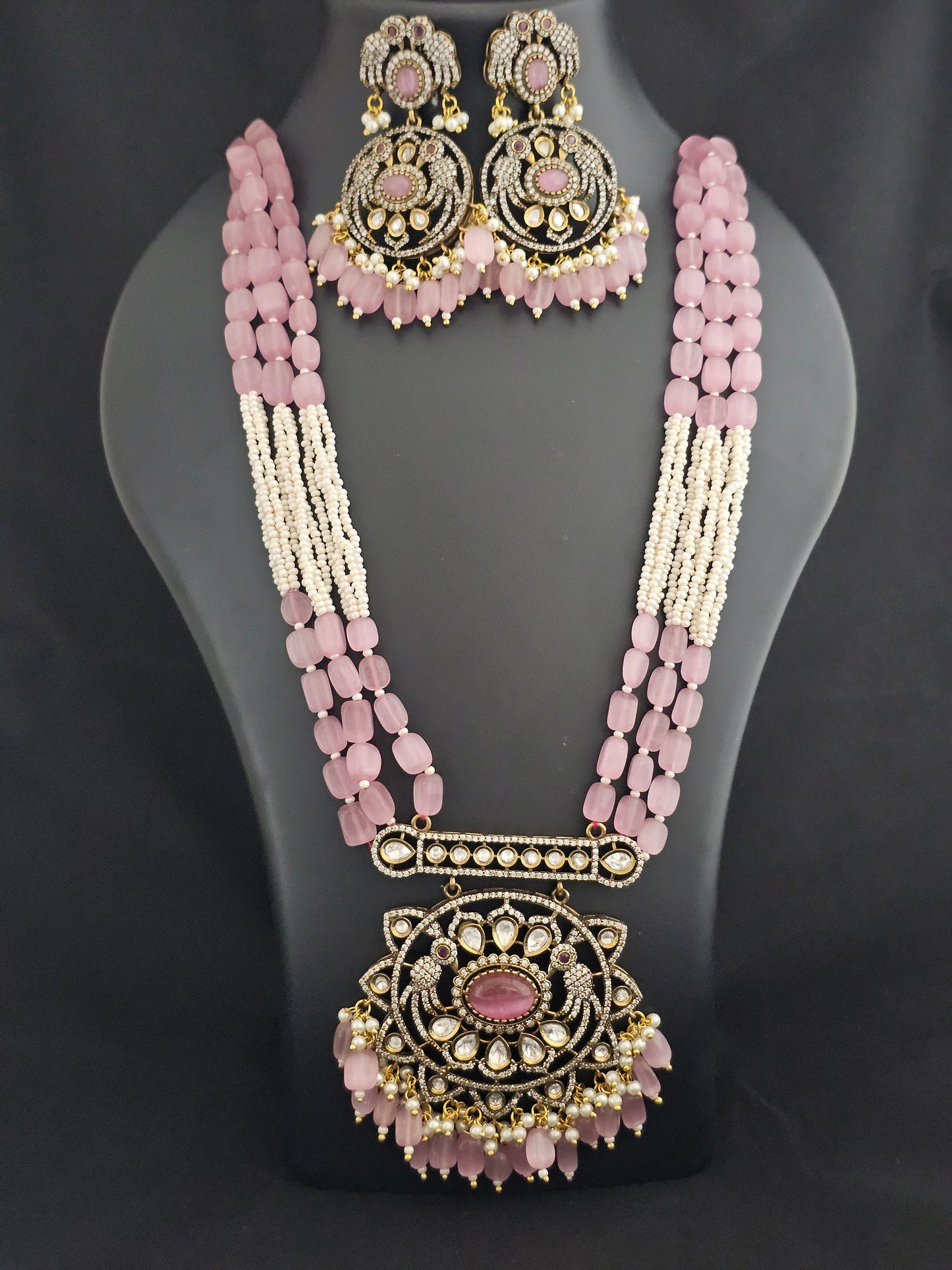Premium high quality grand looking Victorian pendent with Monalisa bead long mala with Beautiful Victorian Earrings - MK Fashionkart