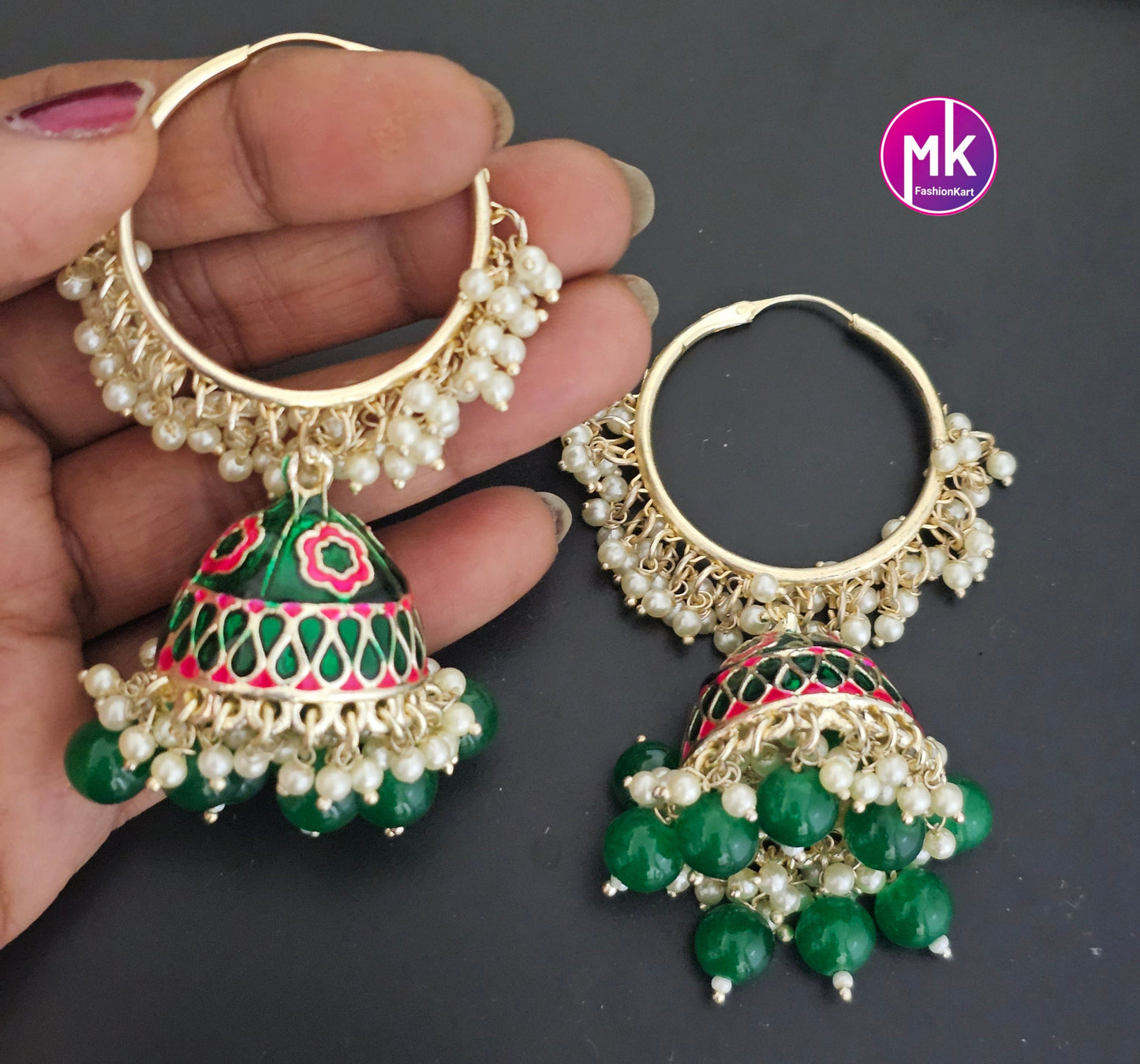 Bollywood Premium quality Big Meenakari Pearl Jhumka with bead hangings - MK Fashionkart - Fashion Jewelry