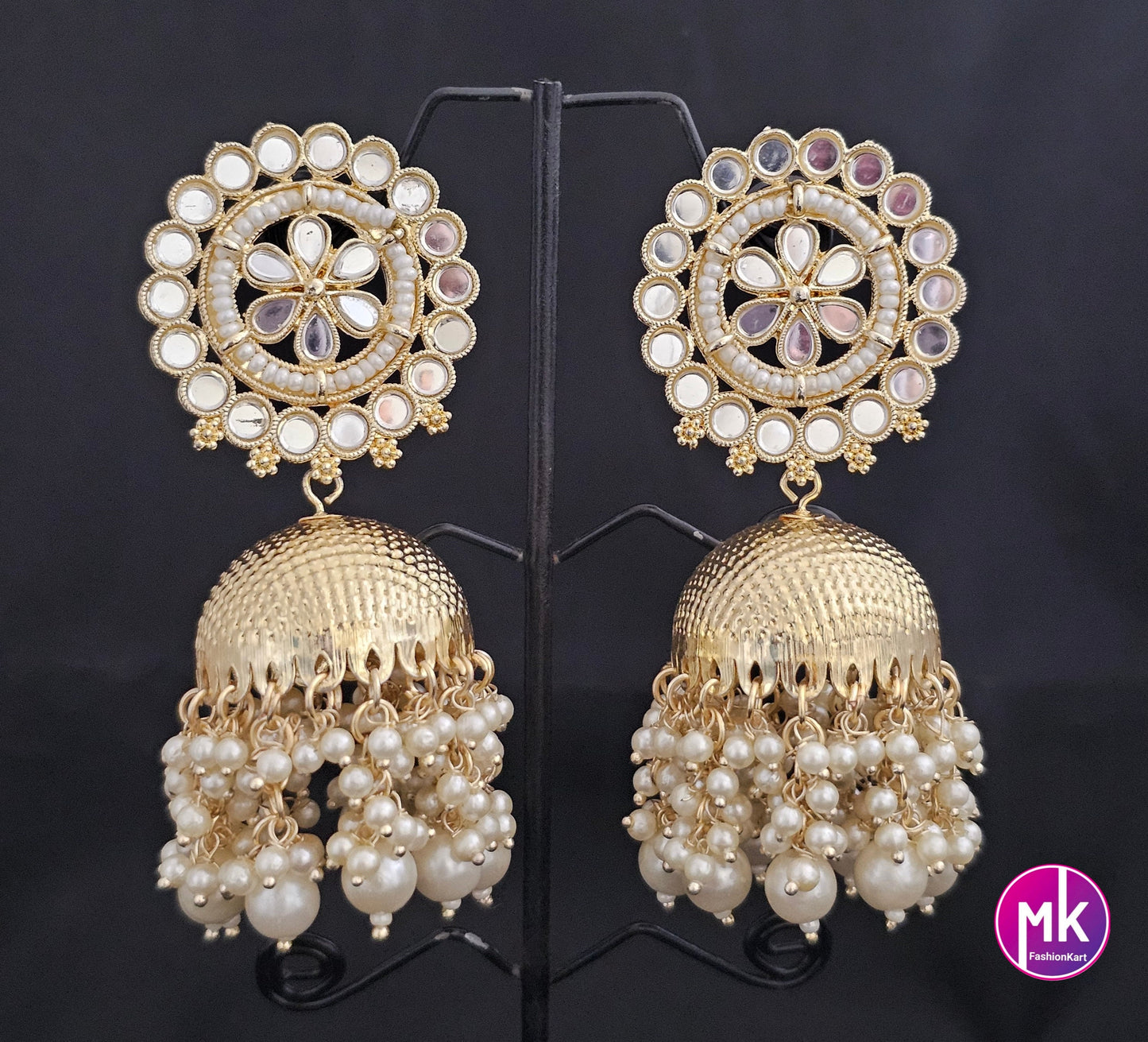 Bollywood Premium quality kundan piroyi Pearl big Jhumka with pearl hangings - MK Fashionkart - Fashion Jewelry