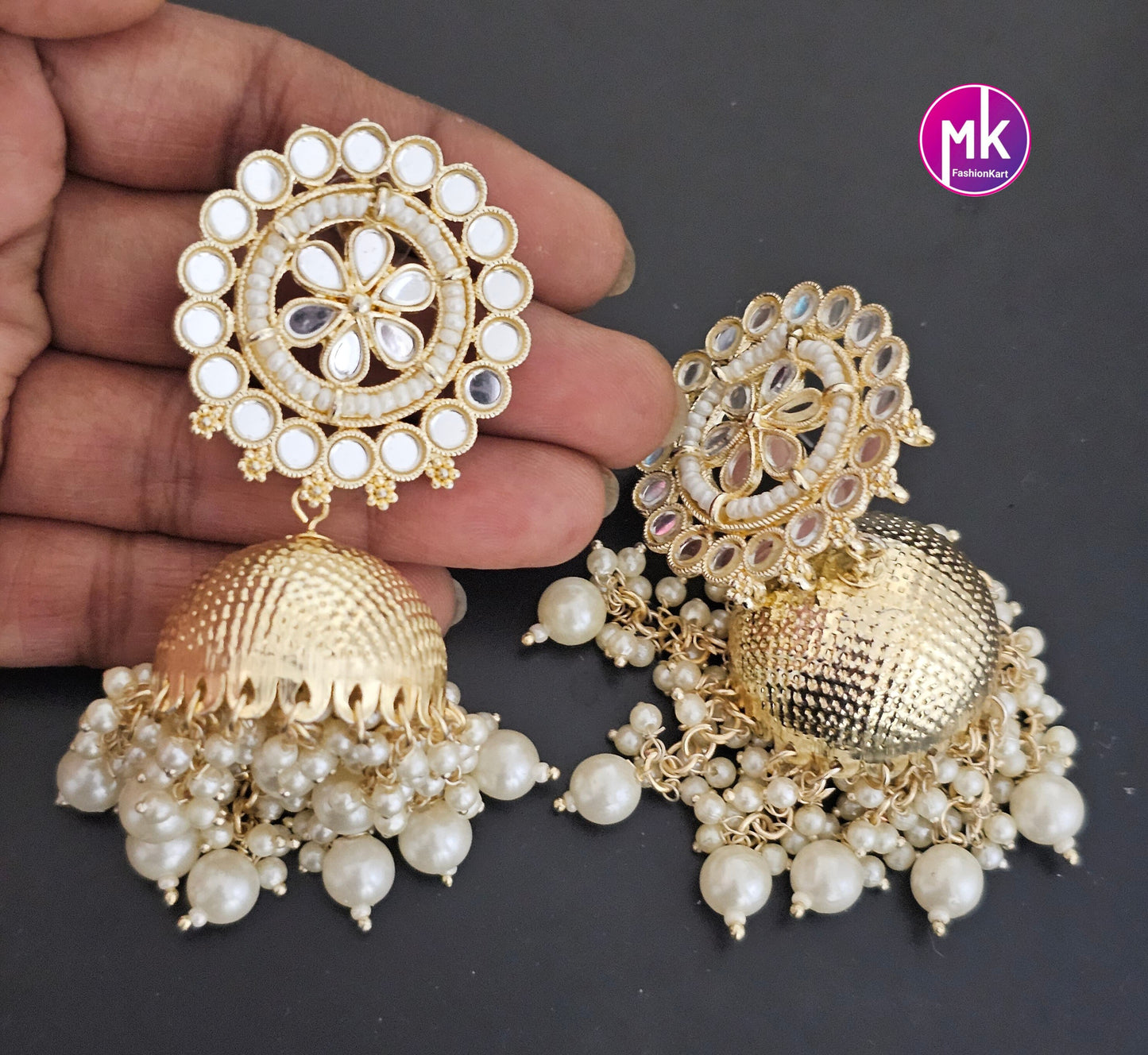 Bollywood Premium quality kundan piroyi Pearl big Jhumka with pearl hangings - MK Fashionkart - Fashion Jewelry