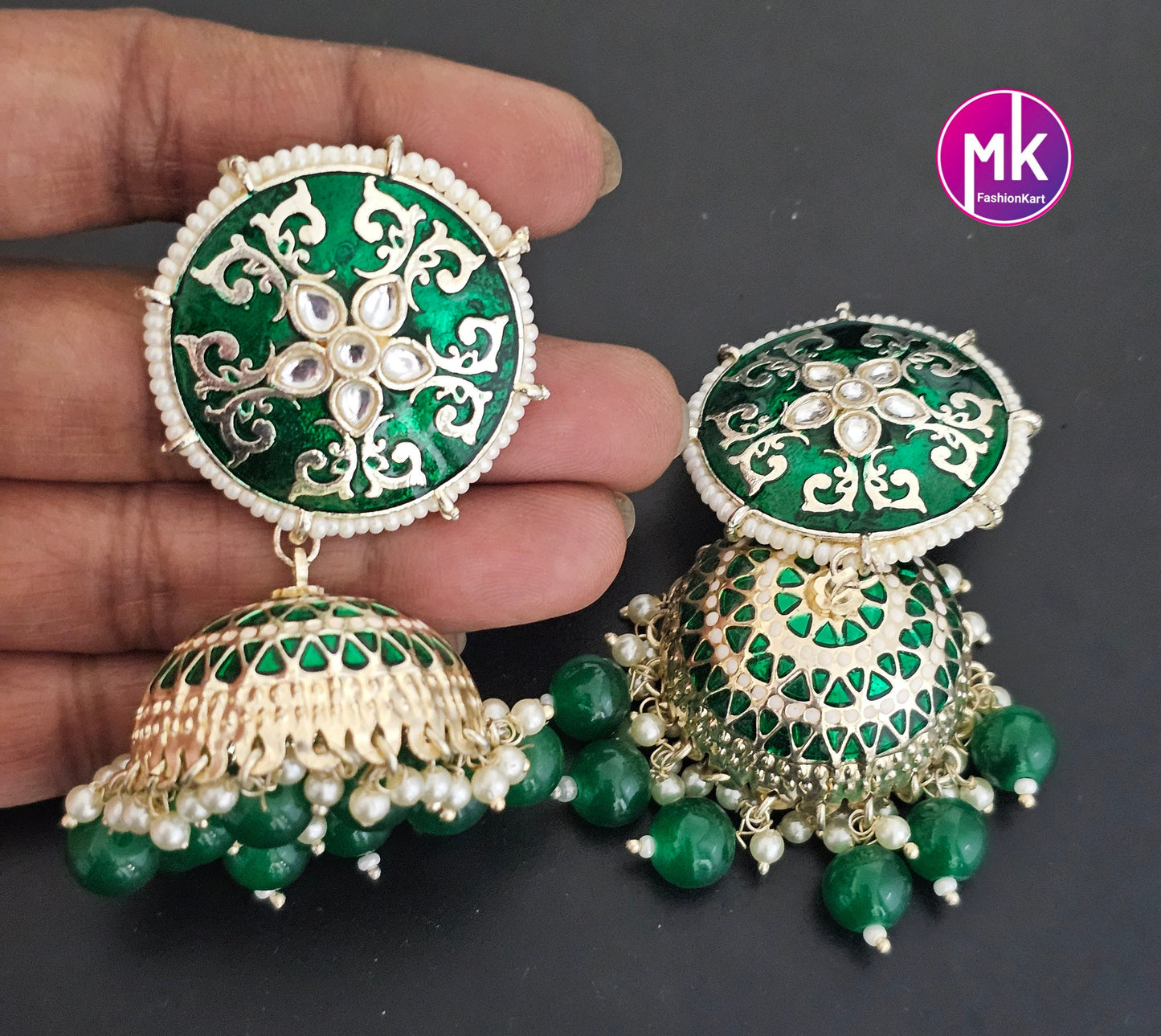 Bollywood Premium quality Big Meenakari piroyi Pearl big Jhumka with pearl hangings - MK Fashionkart - Fashion Jewelry